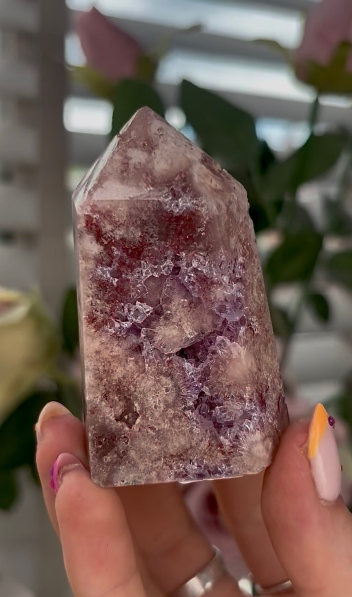 Pretty, high quality, Pink amethyst tower, with lilac quartz druzy