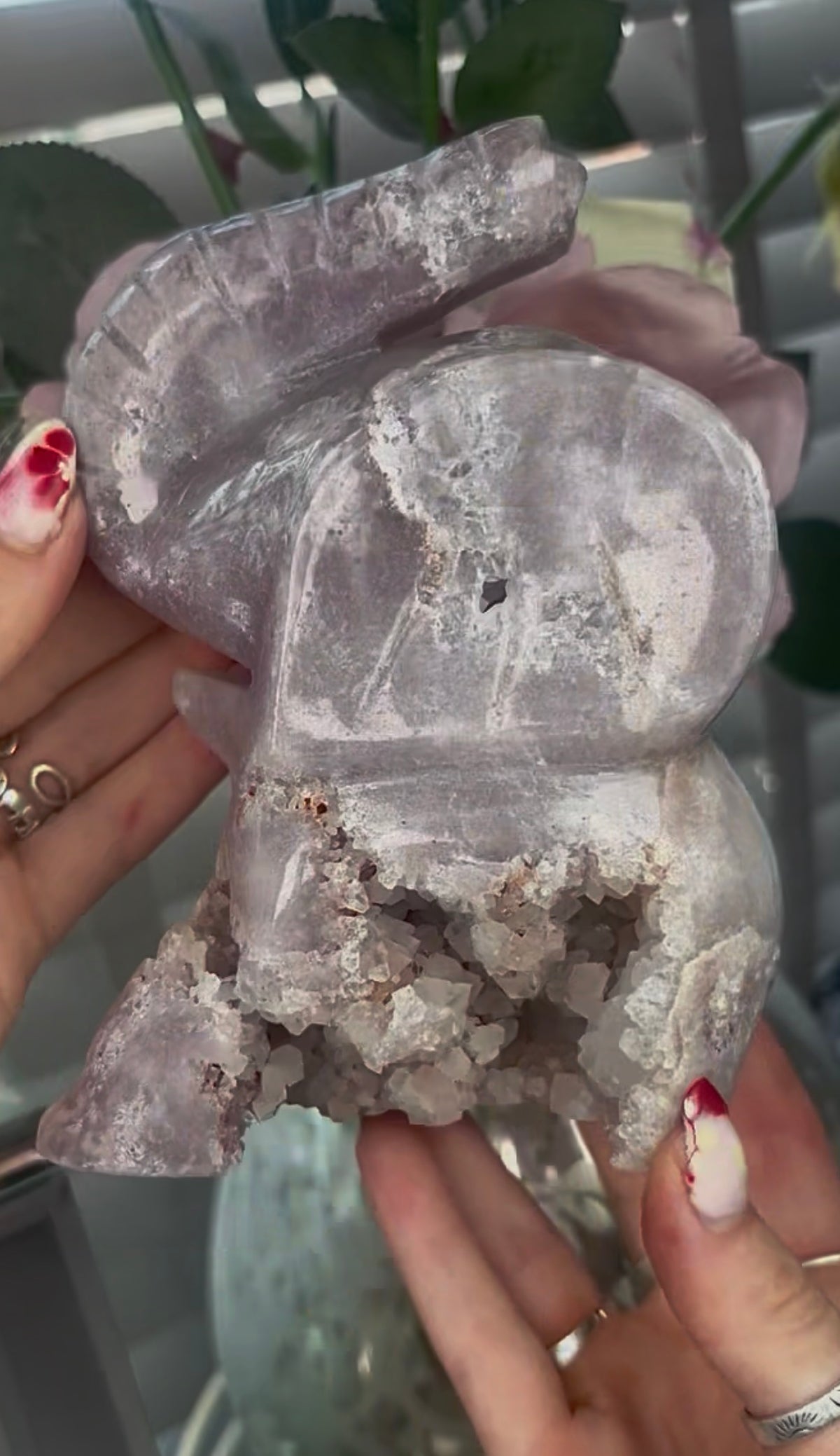 High grade, pink amethyst elephant carving with chunky druzy