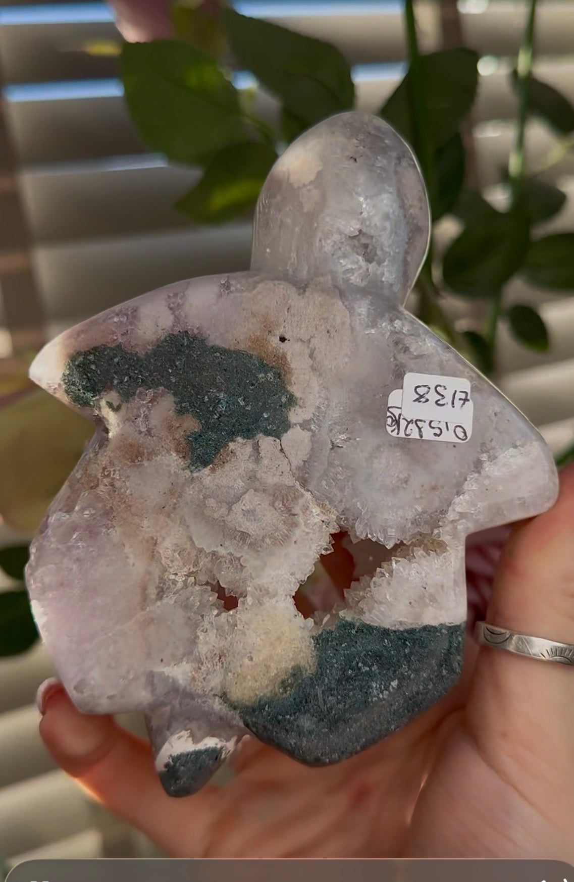 High grade, pink amethyst with Jasper sea turtle carving