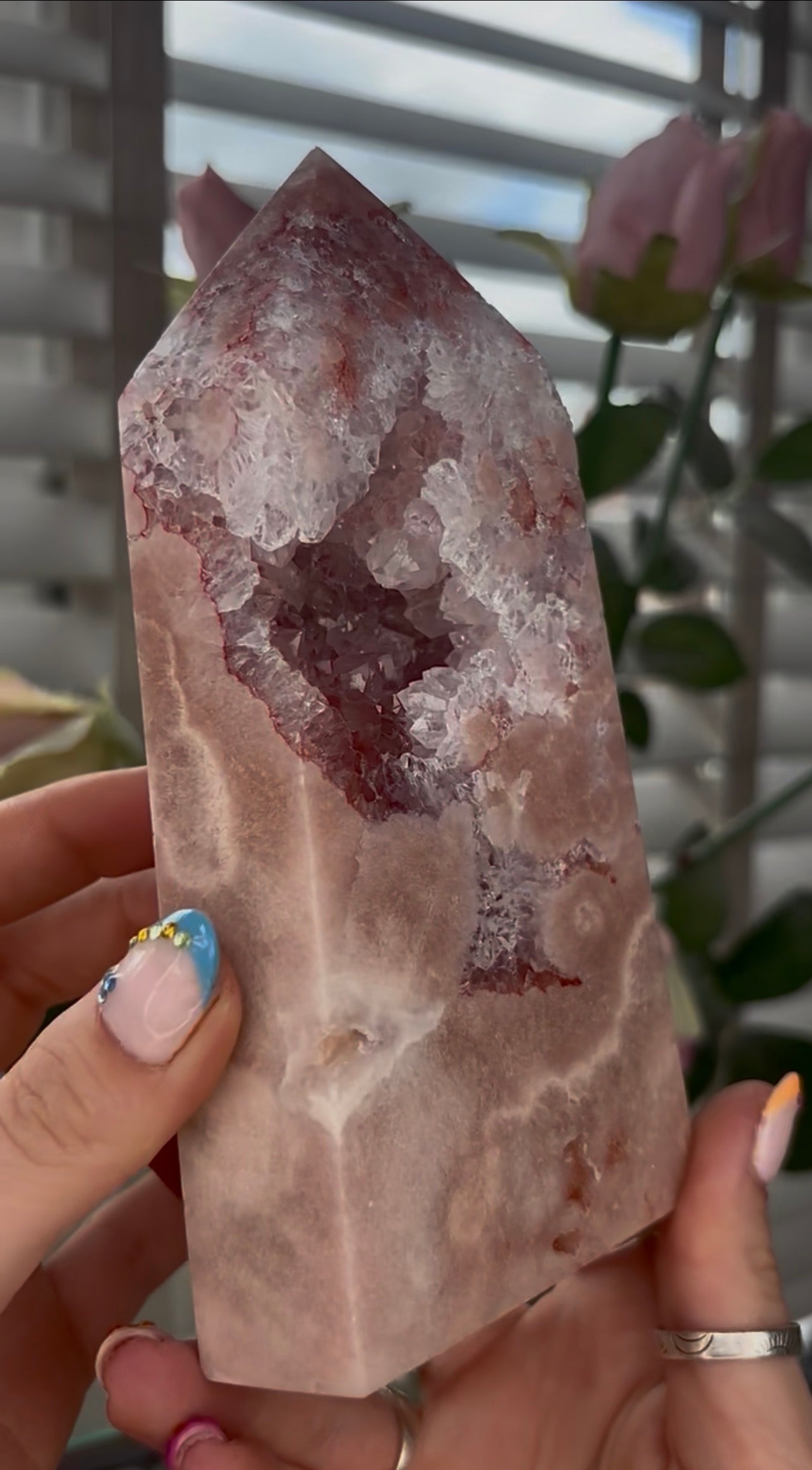Pretty, large, high quality, Pink amethyst tower in a peach tone with quartz Druze