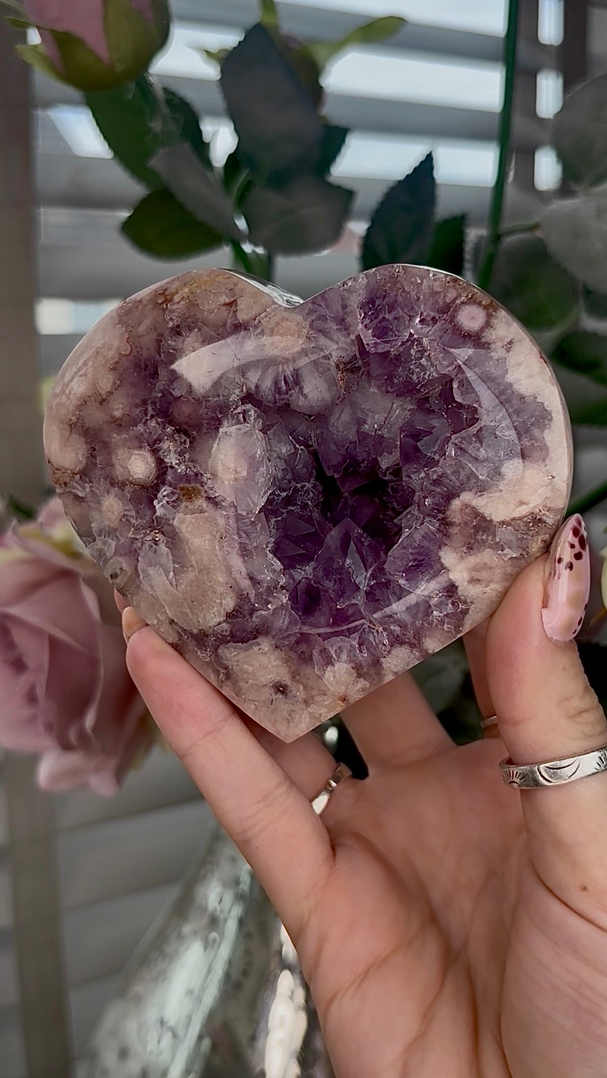 High grade, Amethyst Flower agate heart with stand
