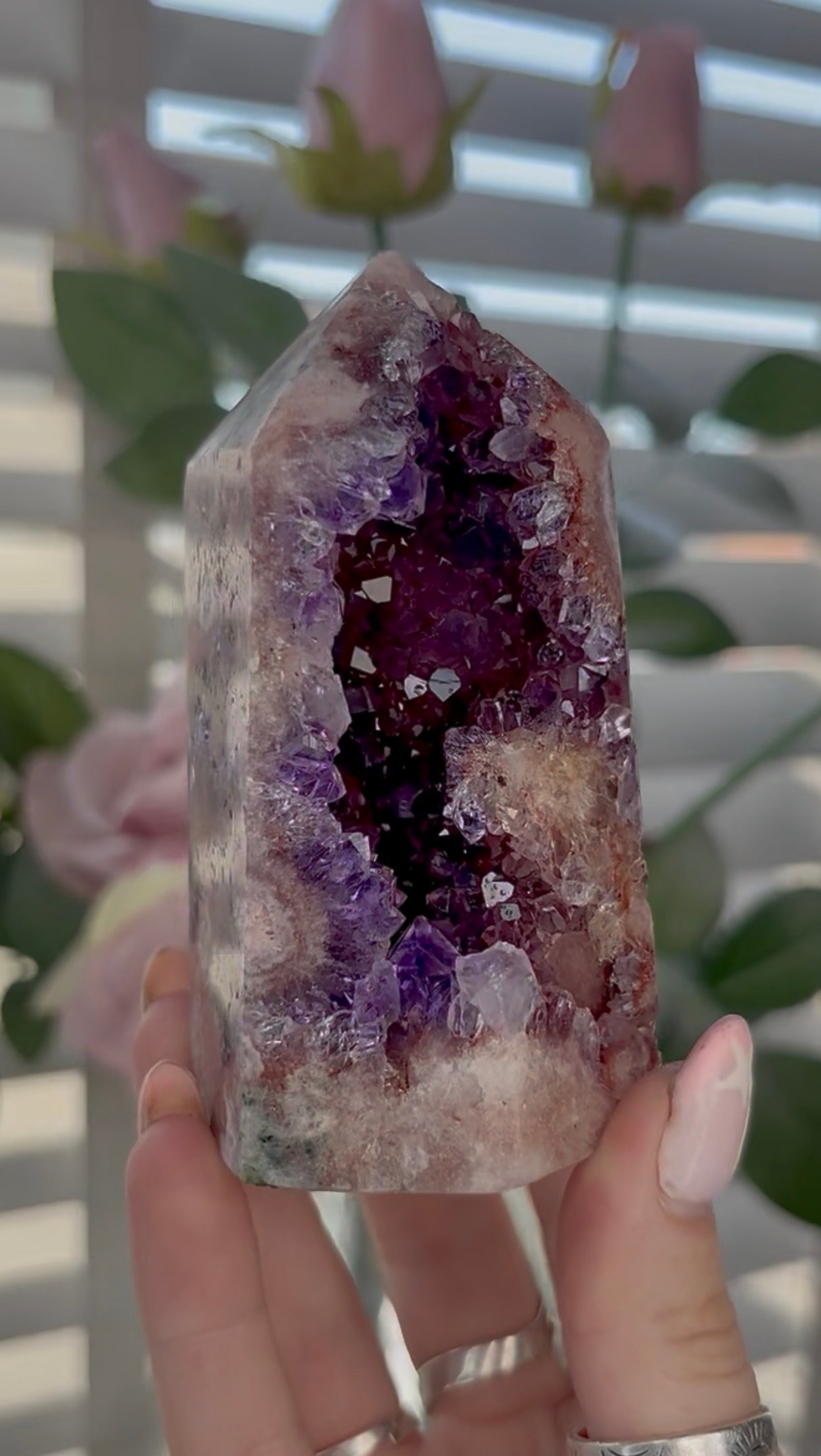 Beautiful, high quality, Pink amethyst tower with purple quartz 10cm