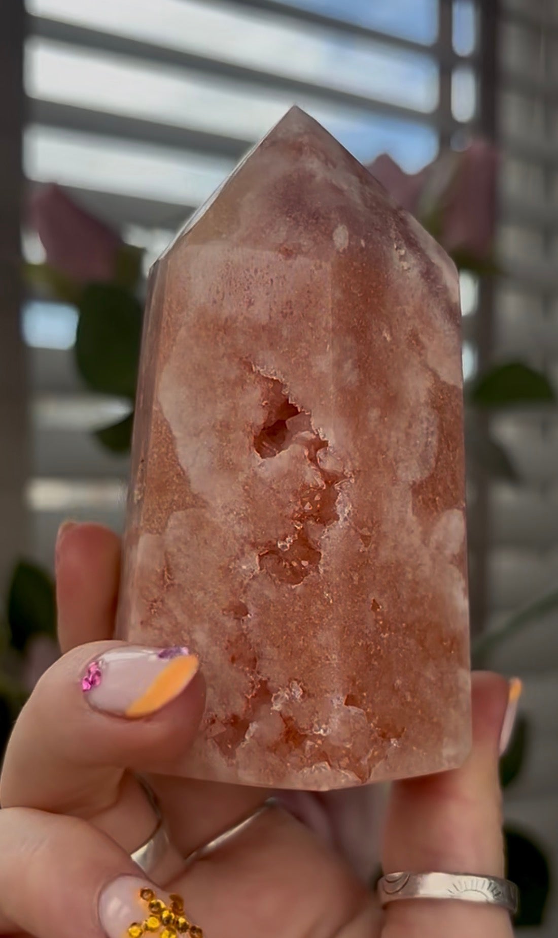 Beautiful, high quality, Pink amethyst tower in peach tone