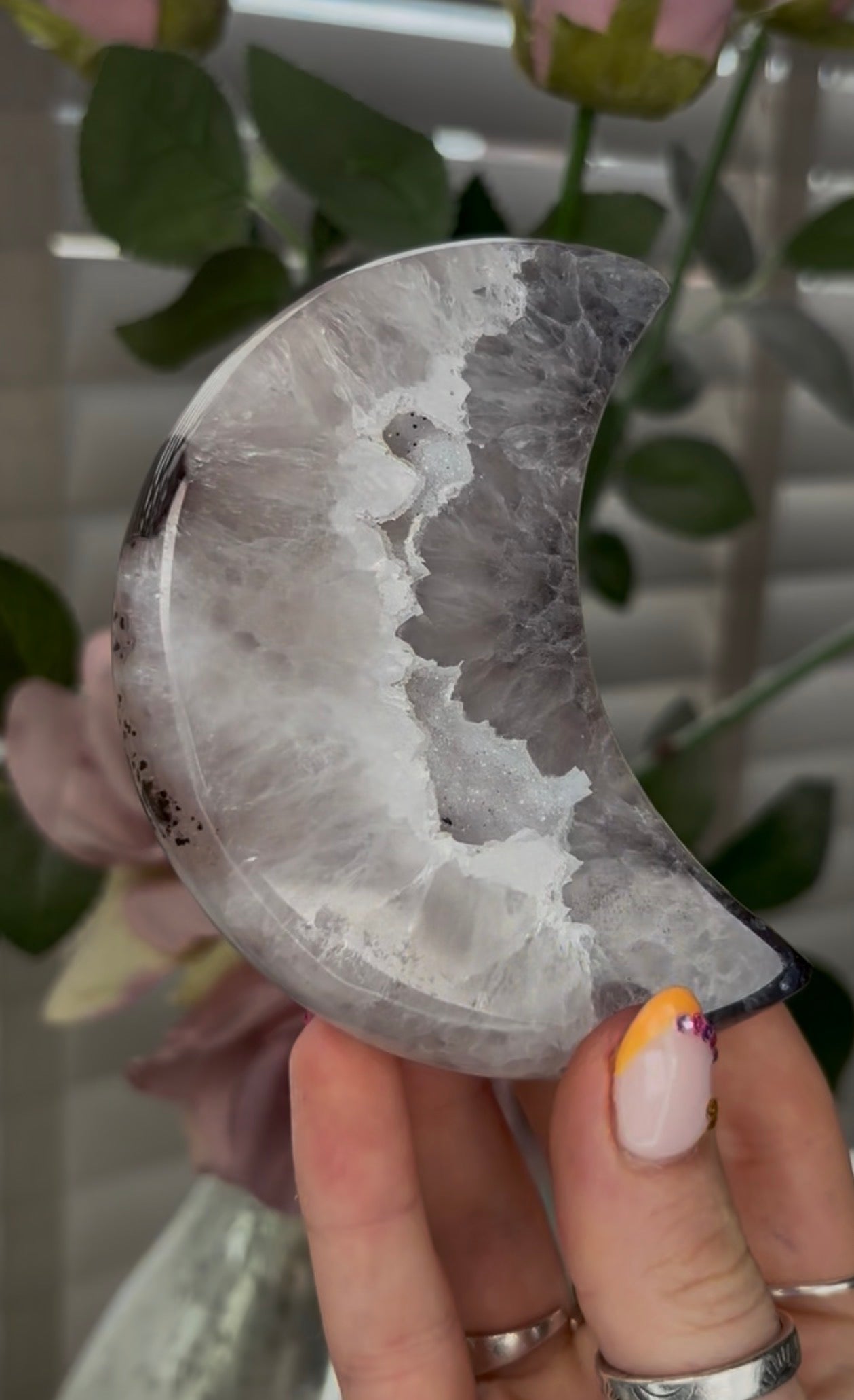 Beautiful, high grade, agate moon with druzy - comes with stand