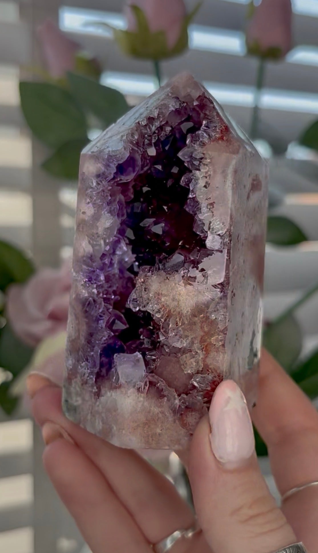 Beautiful, high quality, Pink amethyst tower with purple quartz 10cm