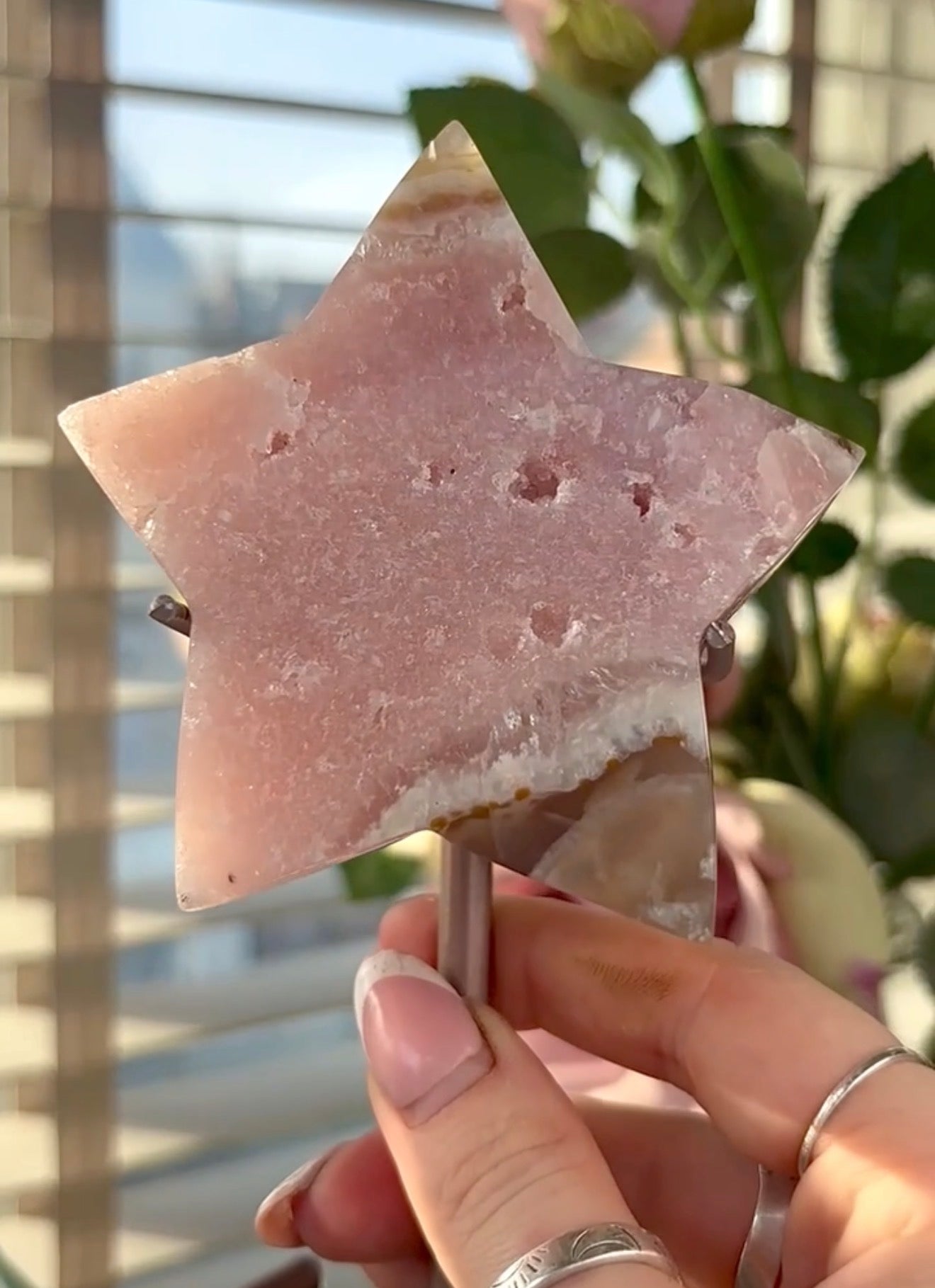 High quality pink amethyst star with agate - comes with stand