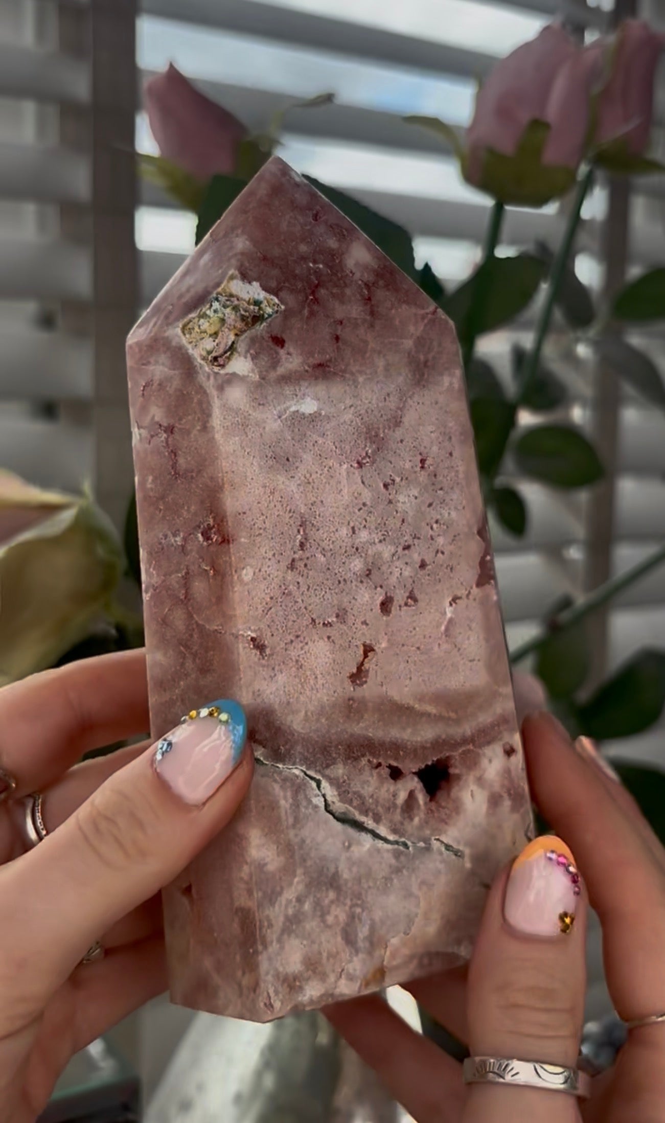 Pretty, large, high quality, Pink amethyst tower in a peach tone with quartz Druze