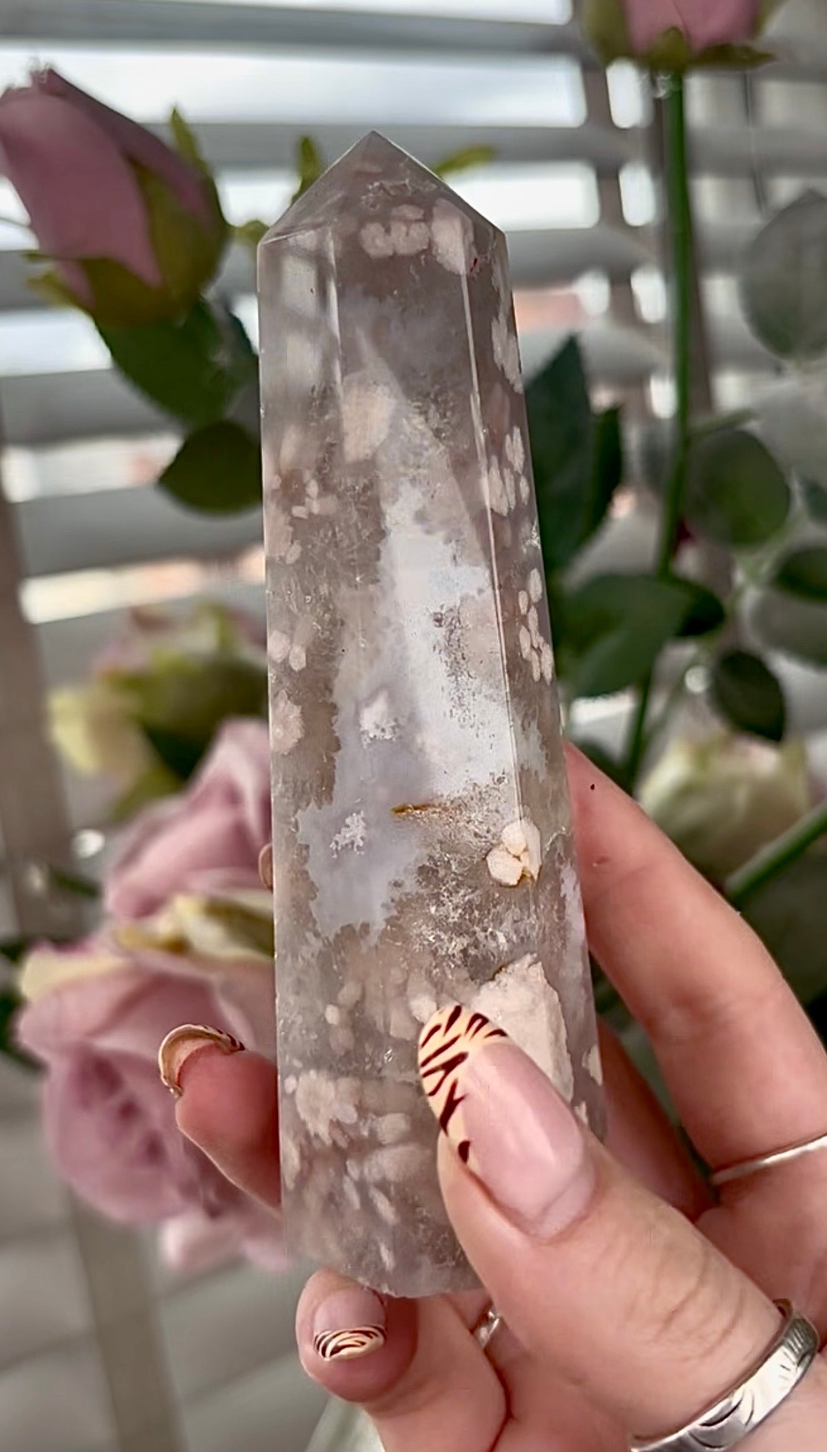 Stunning!! Super high quality, Druzy, green chlorite x blue flower agate tower