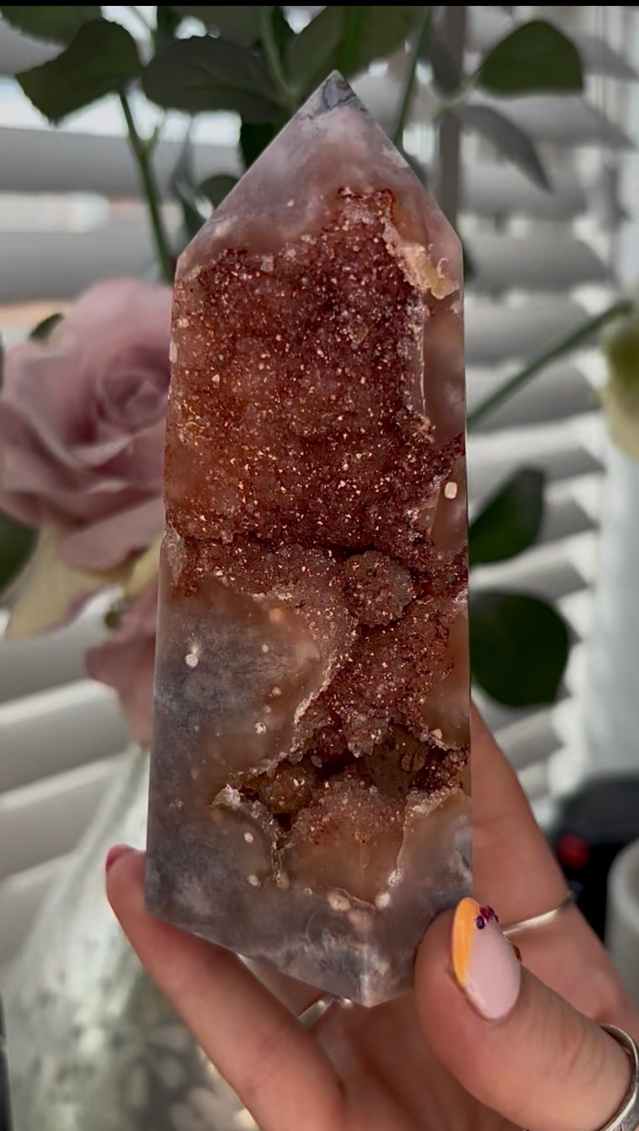 Beautiful, large, high quality, Pink amethyst tower with burnt orange/red druzy