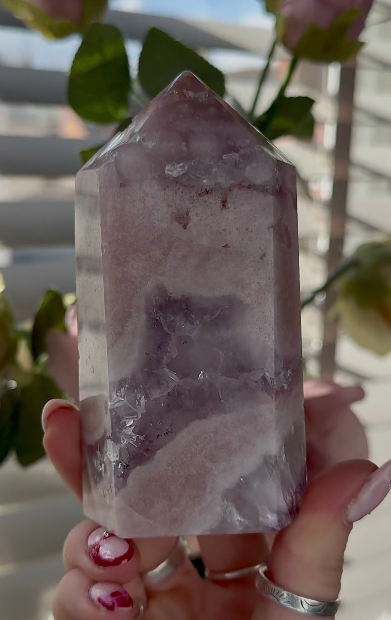 Pink amethyst tower with quartz 12cm(h) 6cm(w)