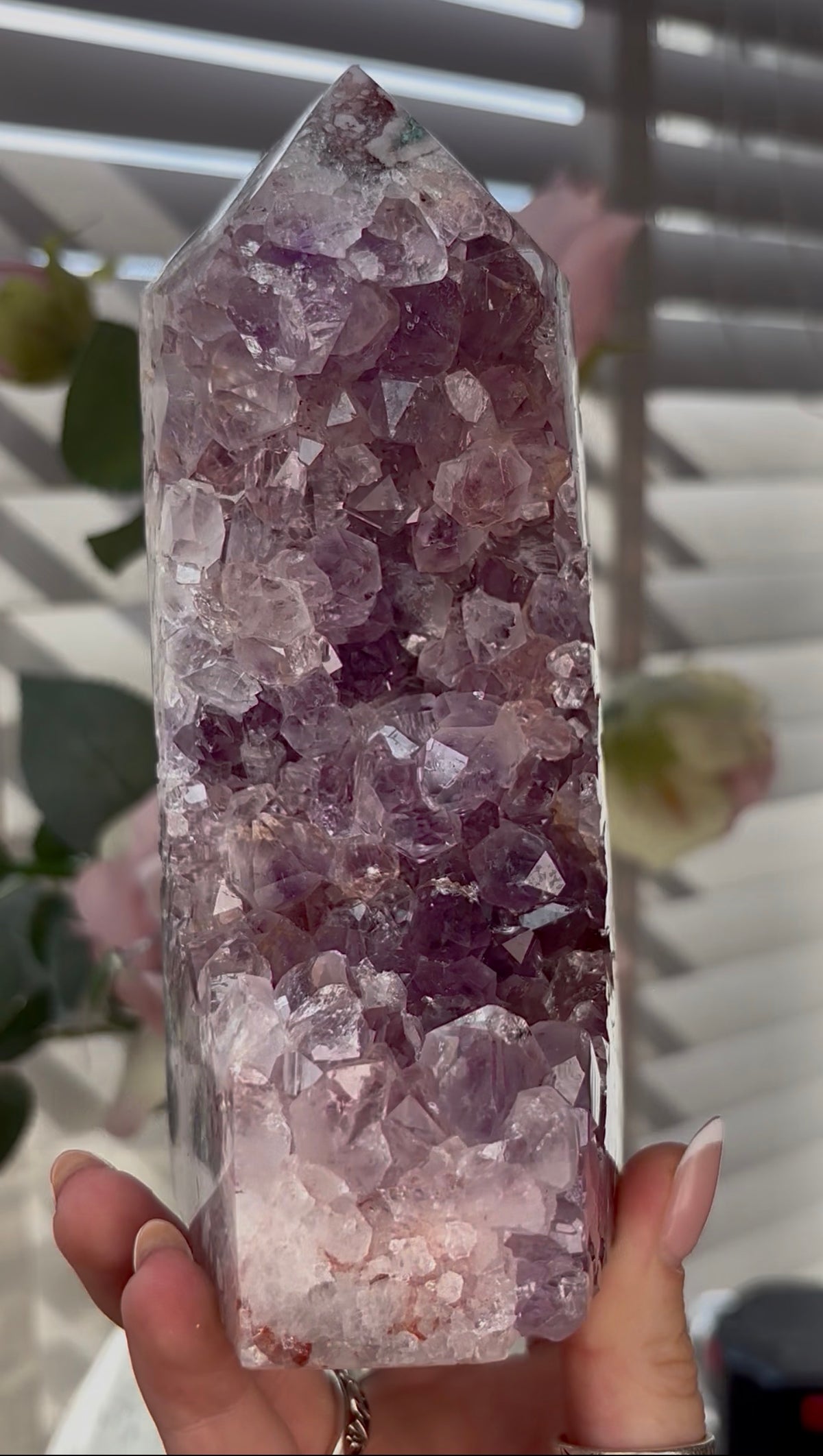 Beautiful, Pink amethyst tower with purple quartz teeth 17cm(h) by 7cm(w)