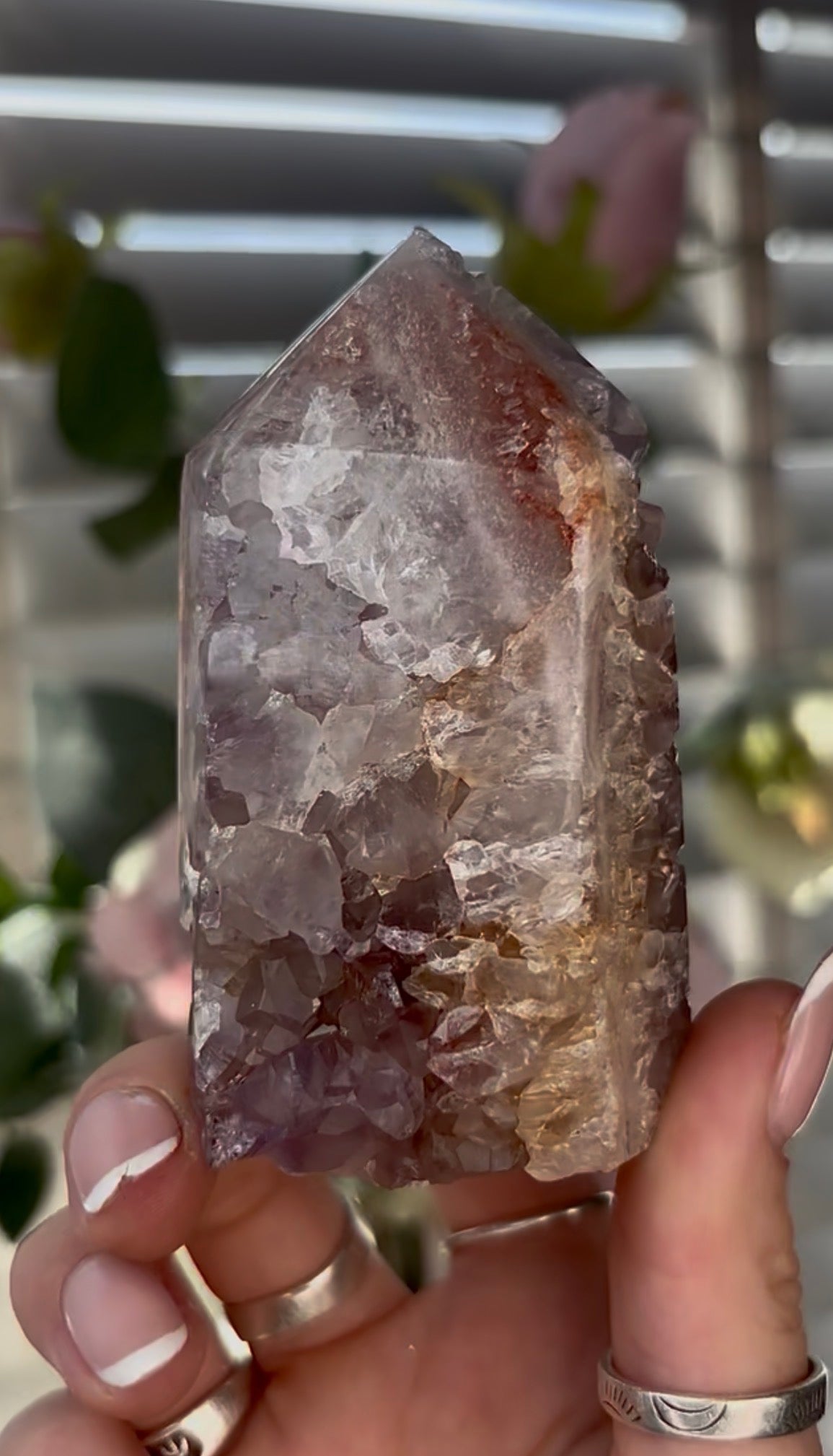Beautiful, chunky Pink amethyst tower with purple quartz 8.5cm(h) by 5cm(w)