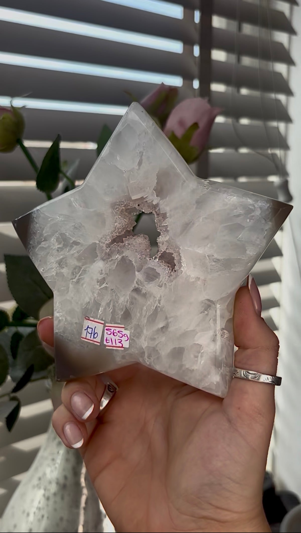 Beautiful, large, high grade, agate star with druzy - comes with stand