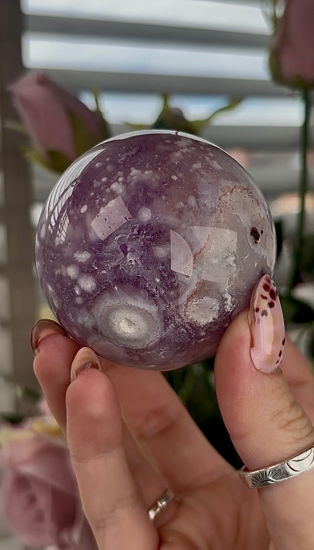 High grade, amethyst Flower agate sphere