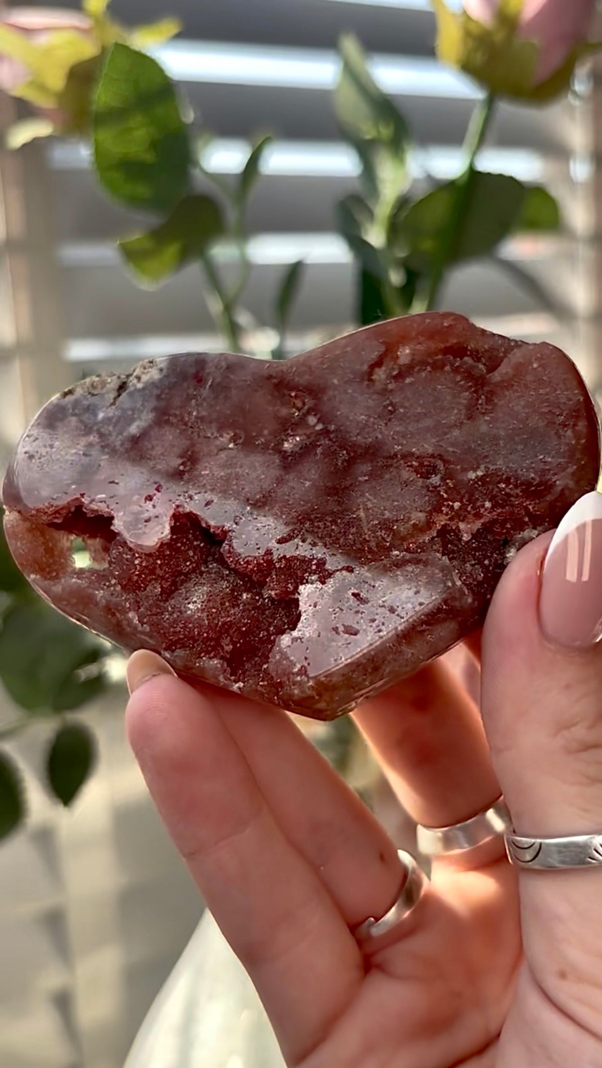 Gorgeous, high quality, berry red pink amethyst heart- comes with stand