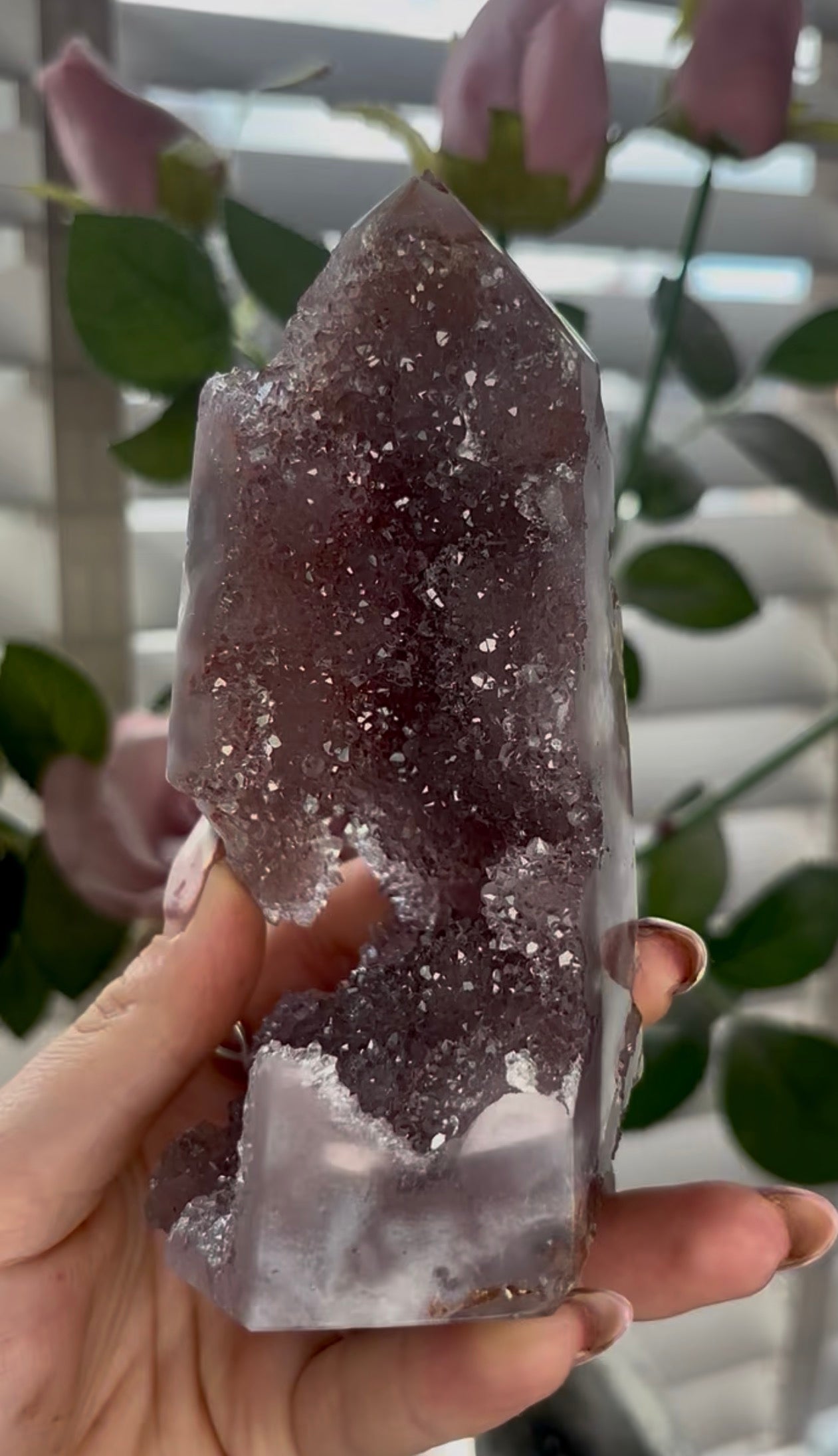 Beautiful, high quality, Pink amethyst tower in lilac tones with sugar druzy