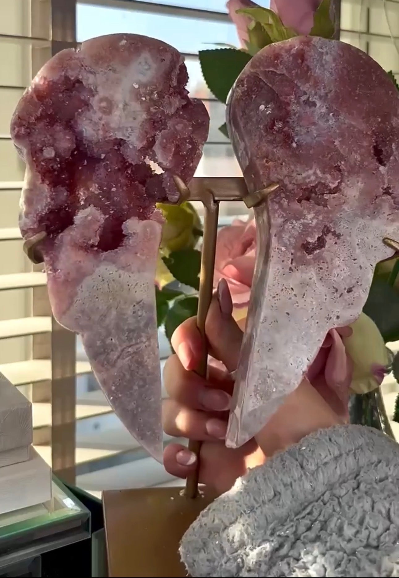 High quality, pink amethyst wings in reddish/deep pink tone - comes with stand