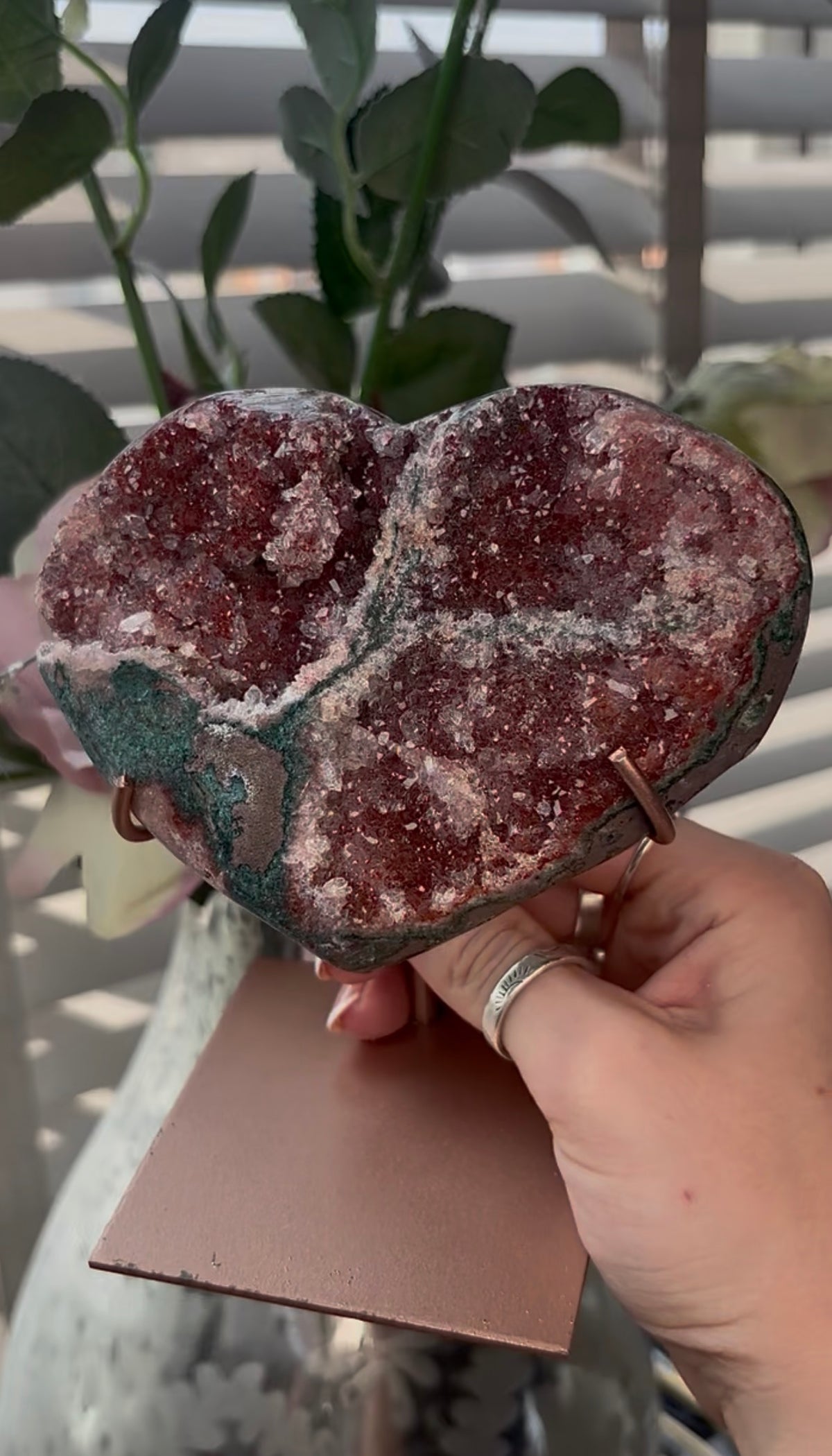 Gorgeous, high quality, pink amethyst heart with Jasper - comes with stand