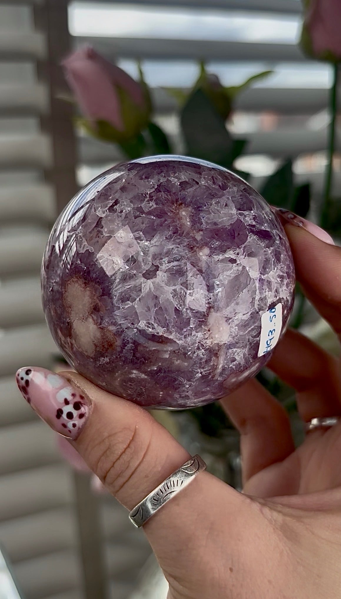 High grade, amethyst Flower agate sphere with high clarity quartz