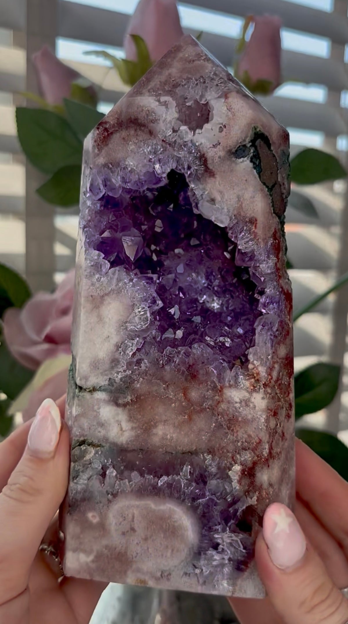 Beautiful, high quality, tall, Pink amethyst tower with purple quartz - 19cm