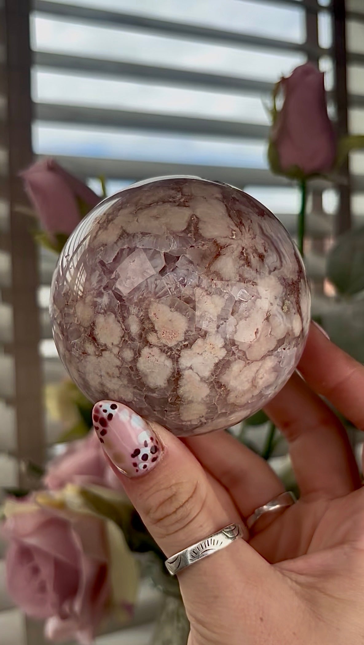 amethyst Flower agate sphere with high clarity quartz - 7.5cm