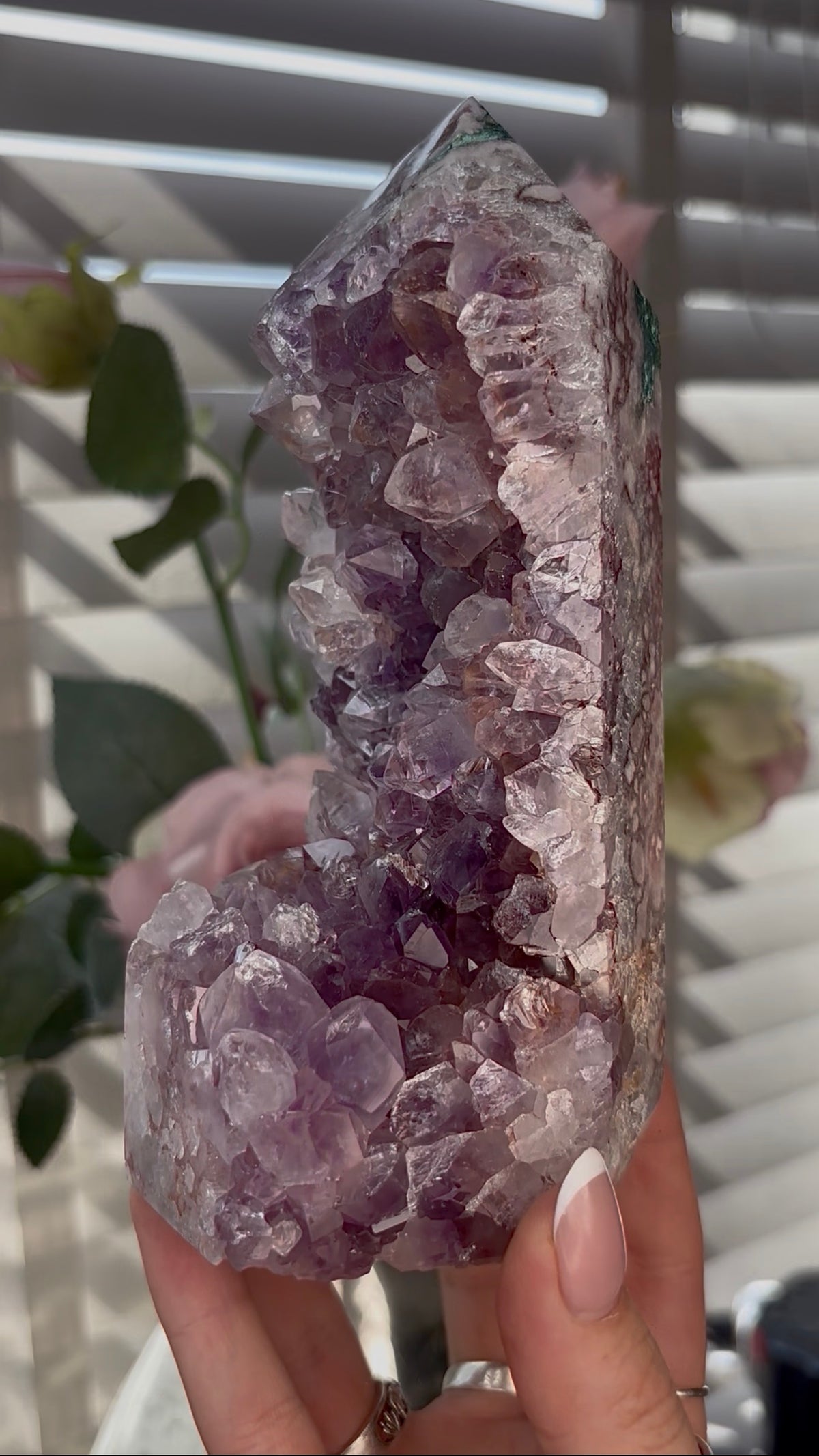 Beautiful, Pink amethyst tower with purple quartz teeth 17cm(h) by 7cm(w)