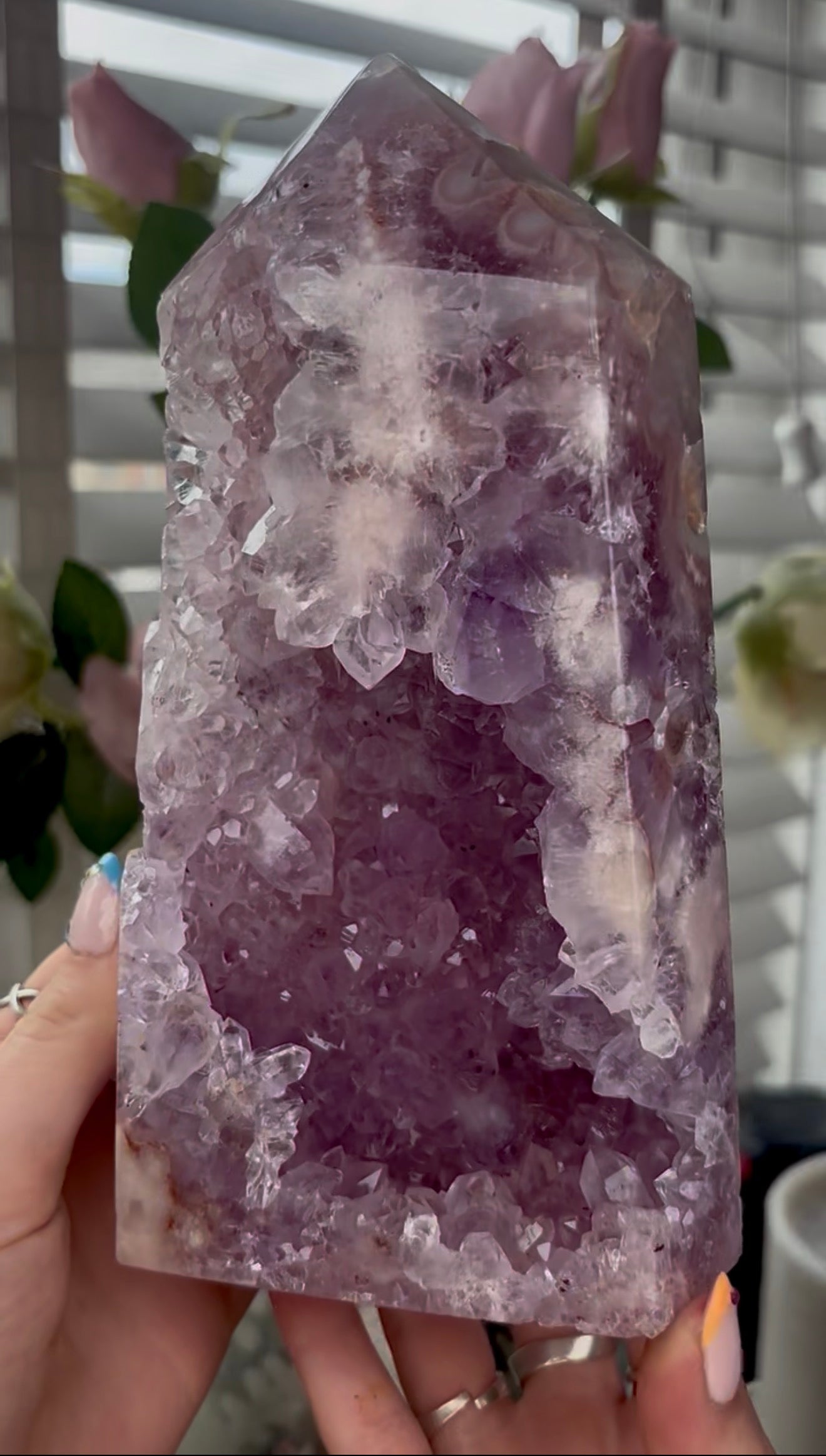 Beautiful, large, high quality, Pink amethyst tower with lilac tone quartz 20.5cm by 11cm