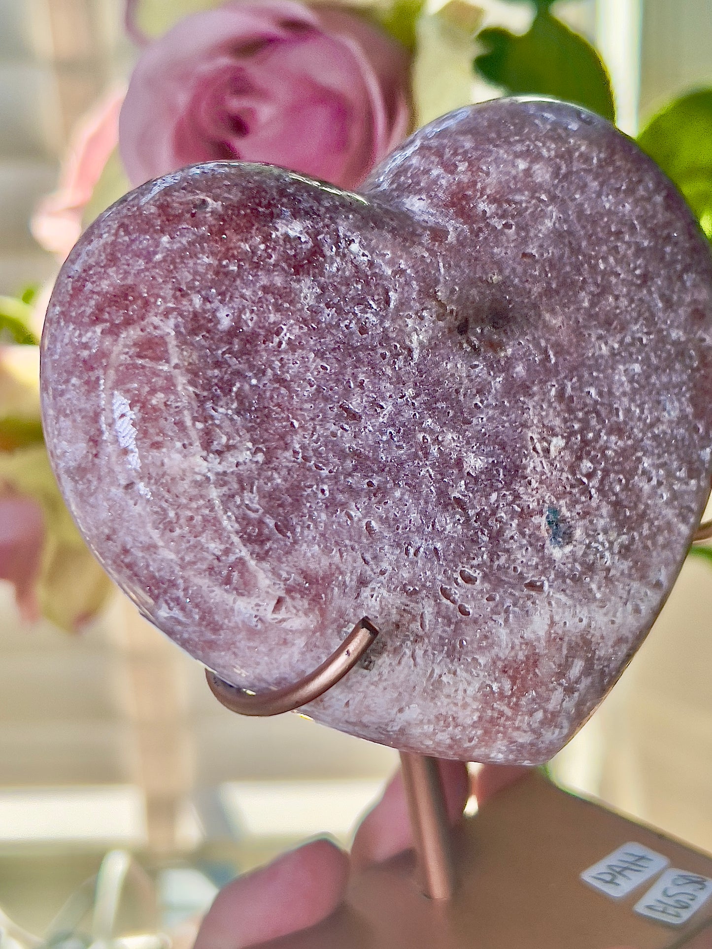 pink amethyst heart - comes with stand