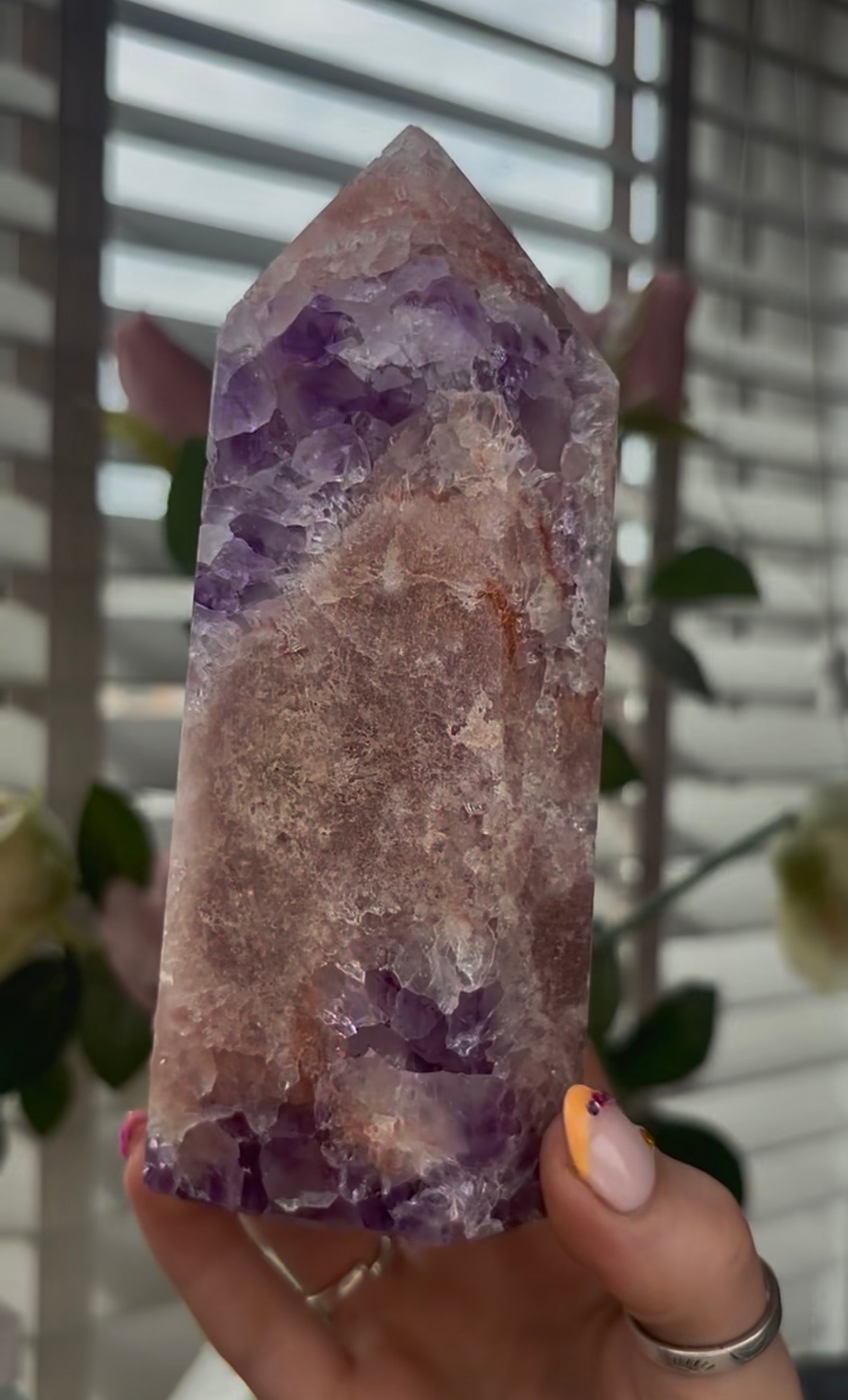 Beautiful, large, high quality, Pink amethyst tower with purple quartz
