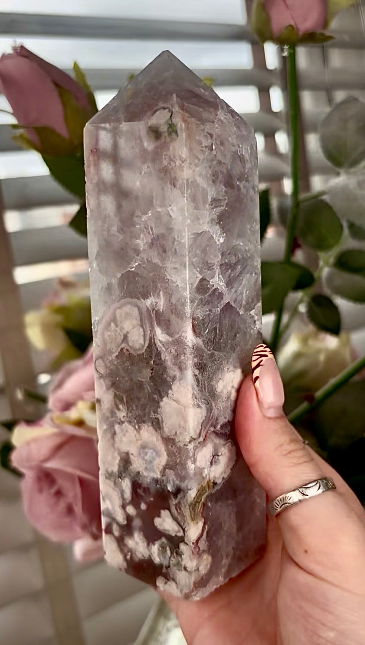 Stunning!! Super high quality, Druzy, green chlorite x blue flower agate tower
