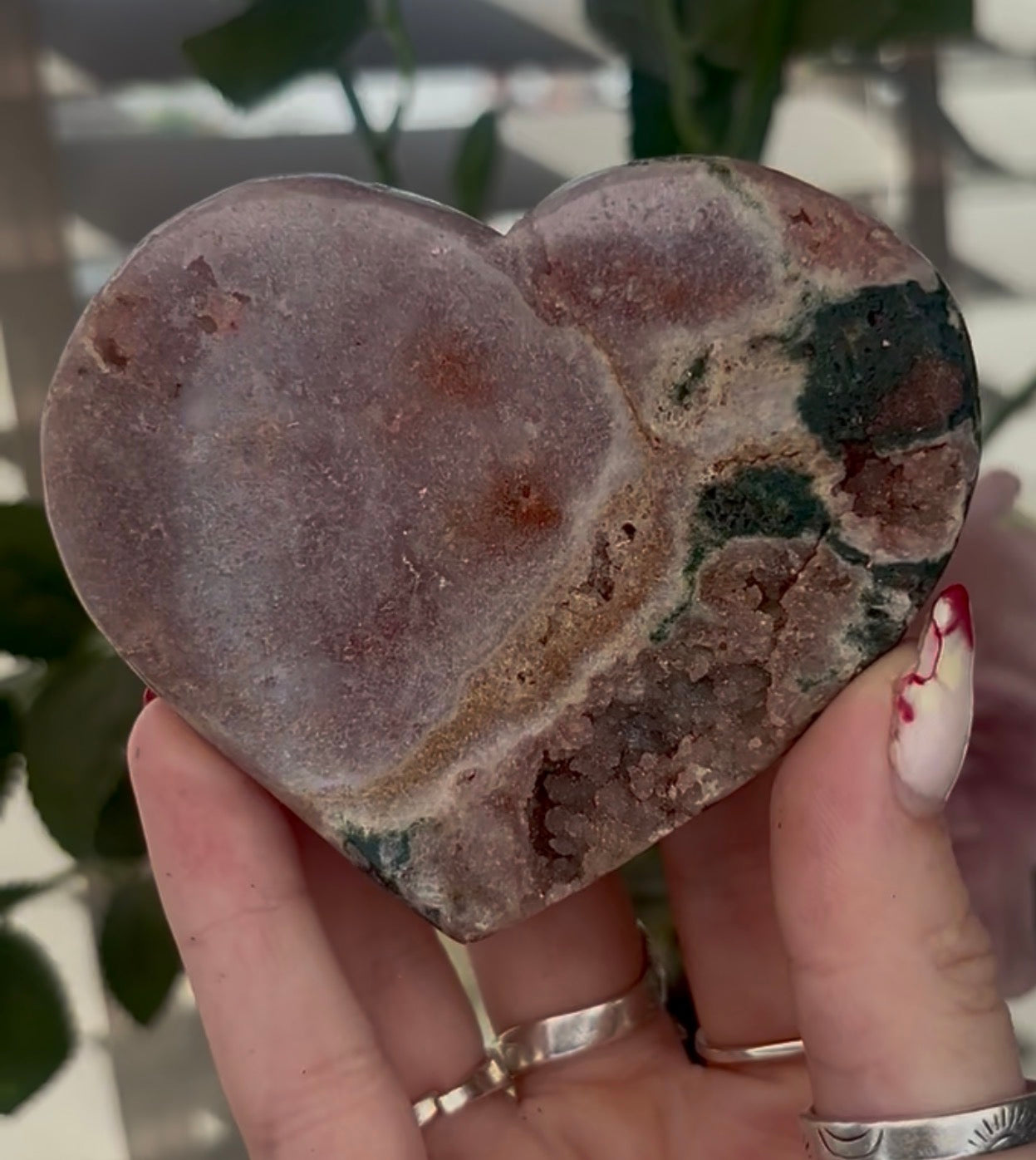 pink amethyst heart with jasper - comes with stand