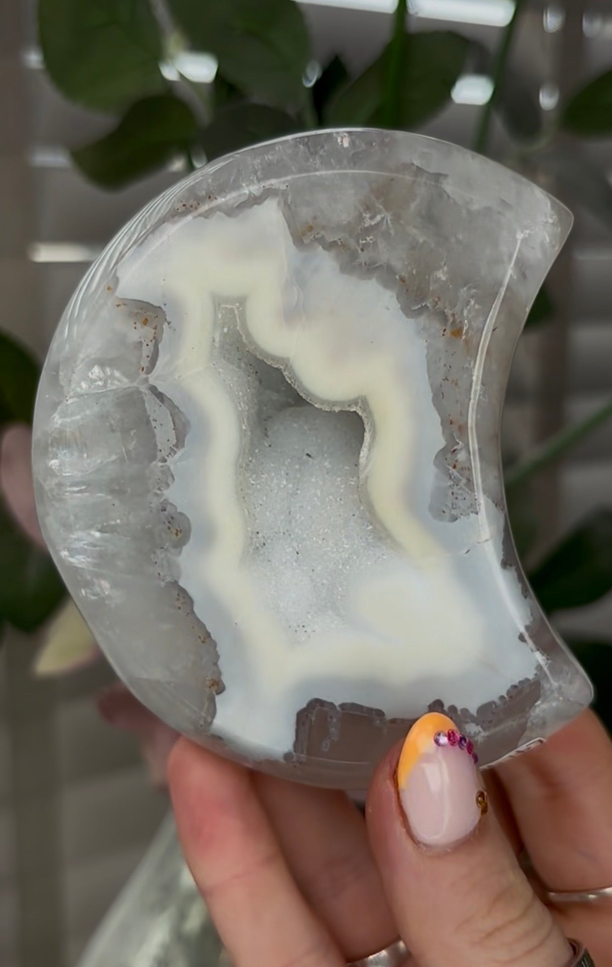 Beautiful, high grade, agate moon with druzy - comes with stand