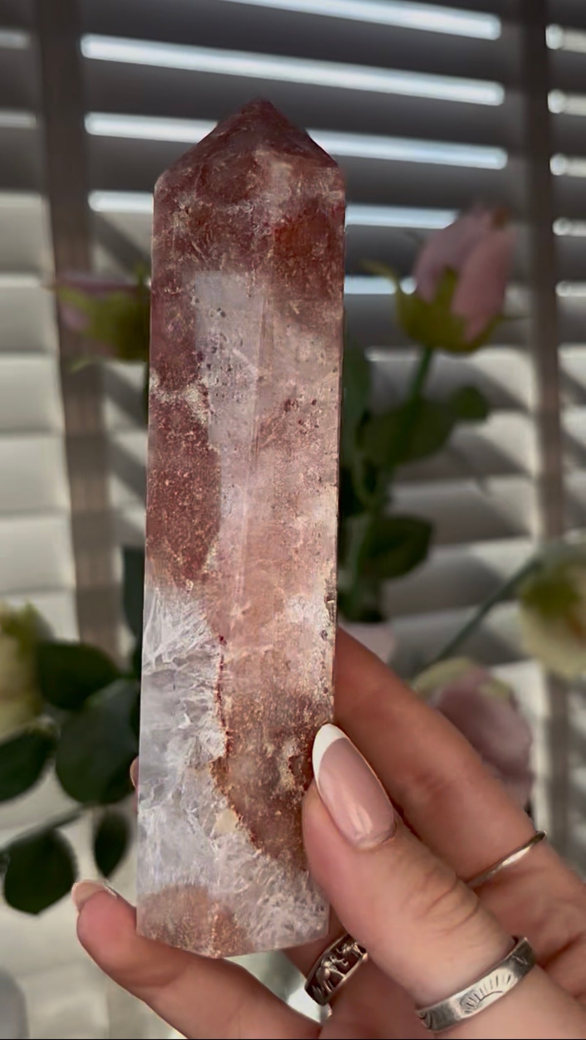 Beautiful, high quality, Pink amethyst tower 15.2cm(h) by 4cm(w)