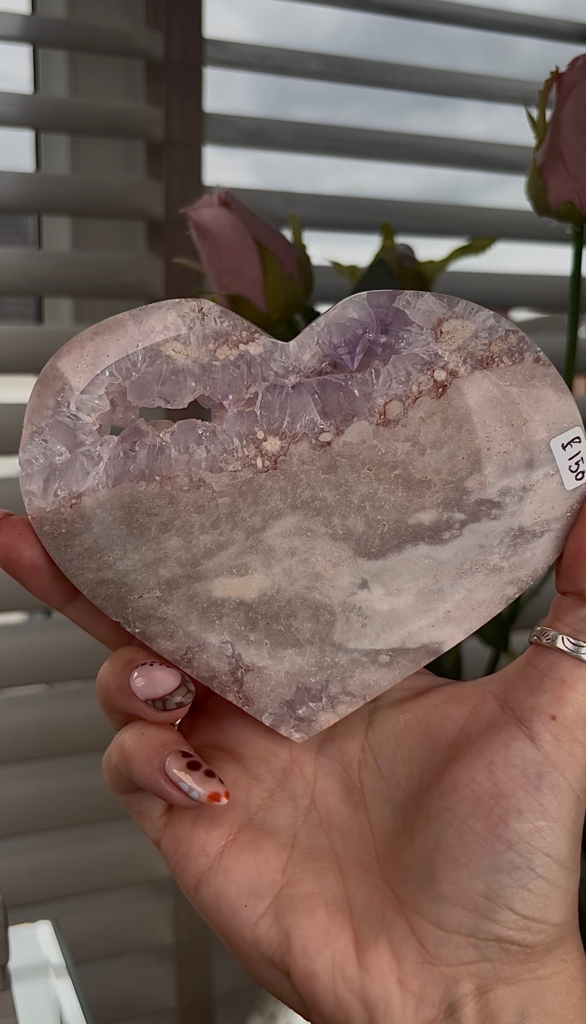 High grade, amethyst Flower agate heart with high clarity quartz