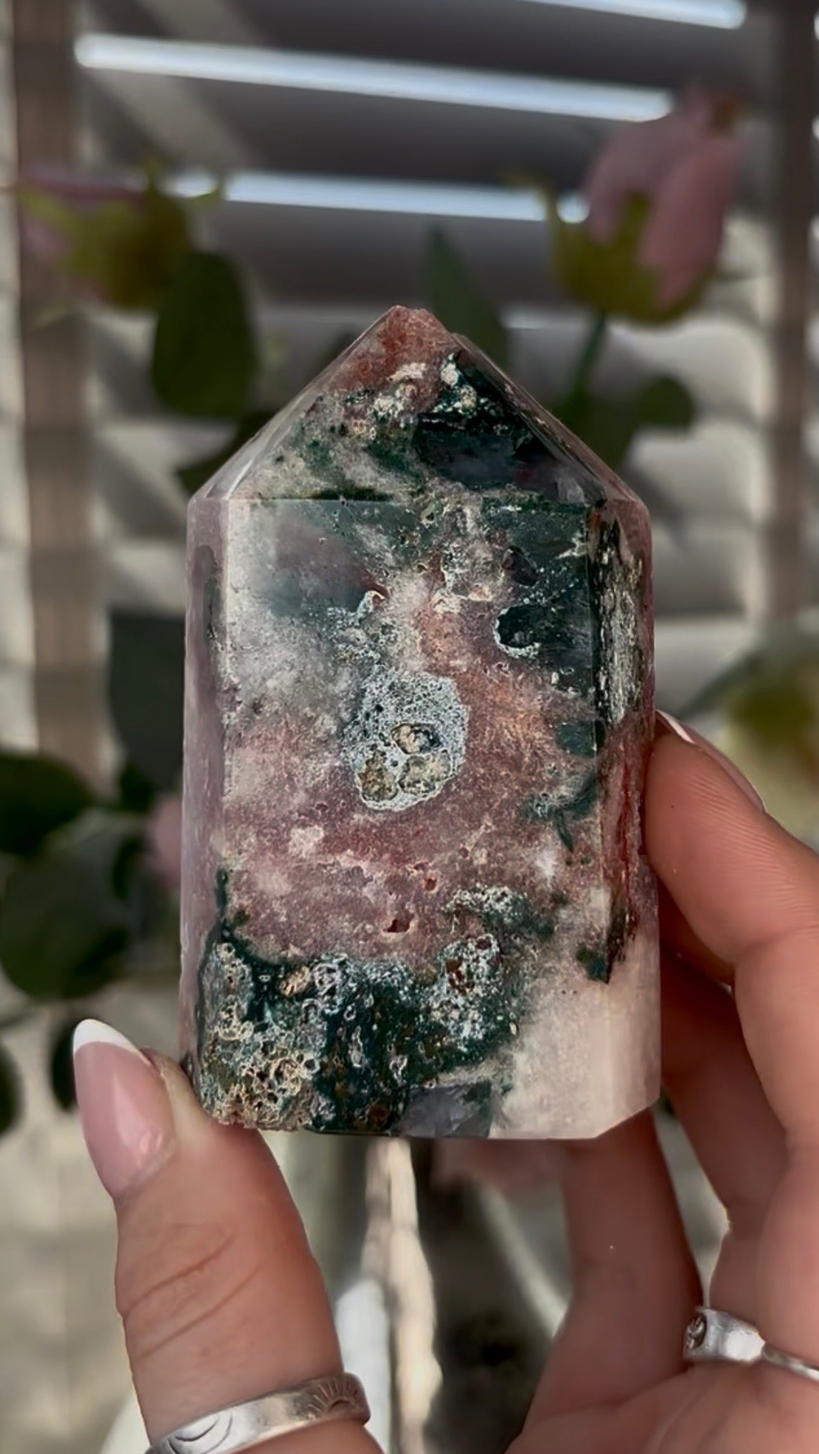 Beautiful, Pink amethyst tower with Jasper 8.5cm(h) by 5cm(w)