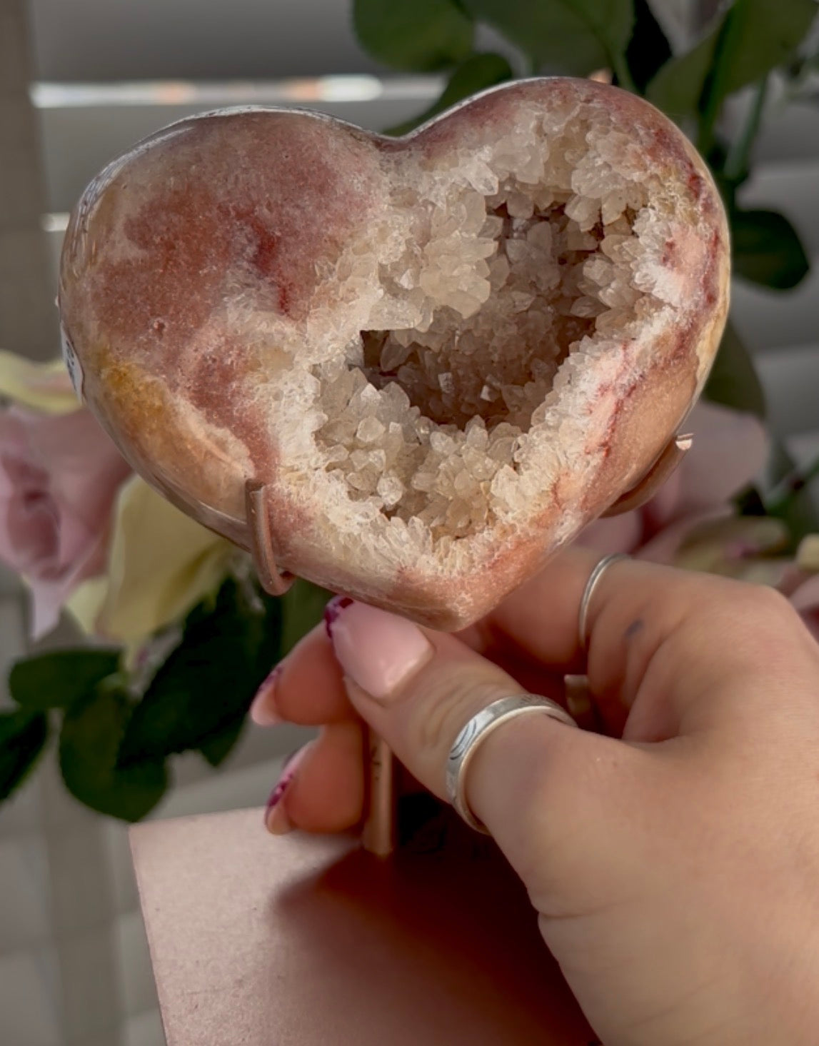 pink amethyst heart - comes with stand