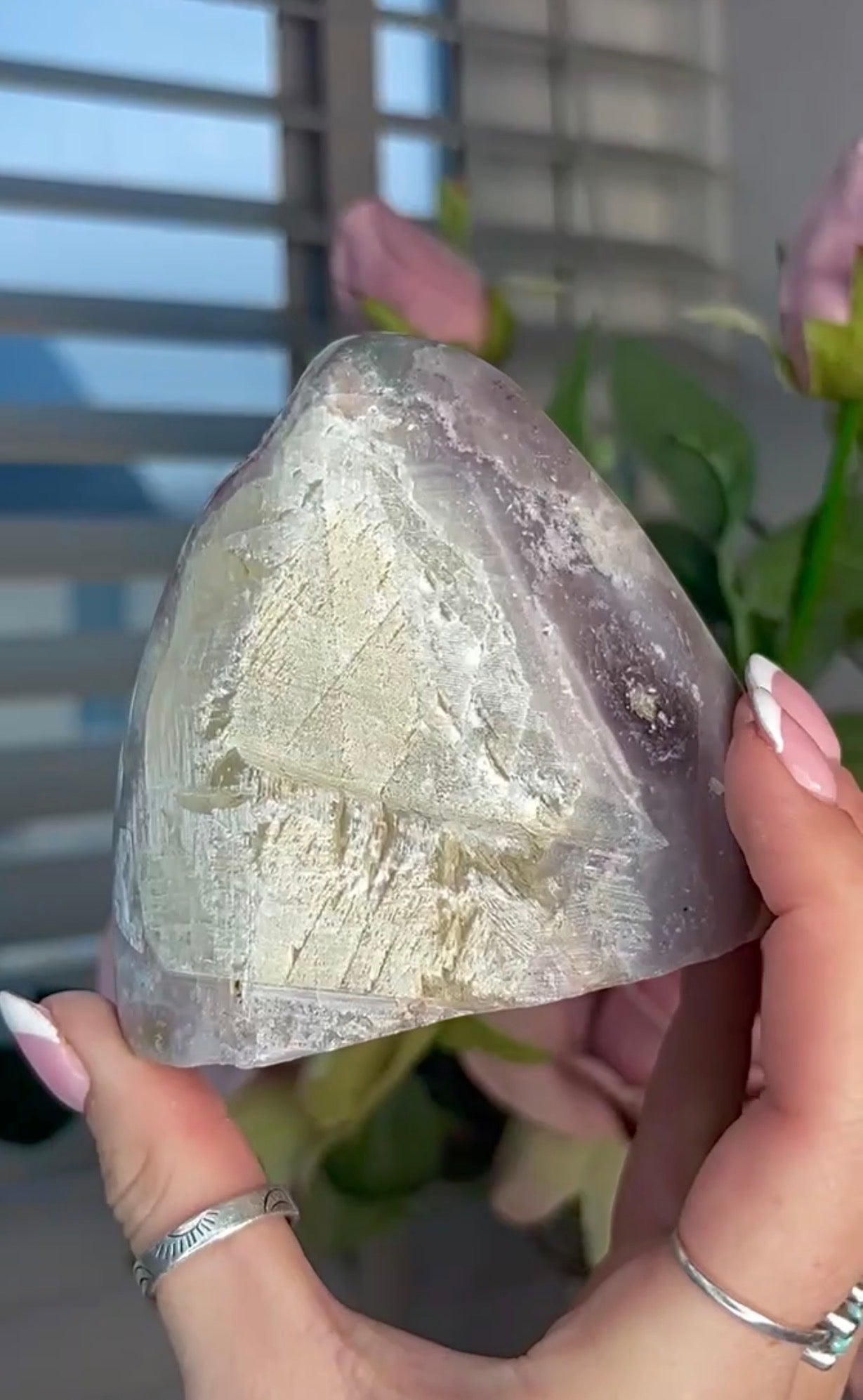 Pink Rainbow amethyst cutbase with a calcite base