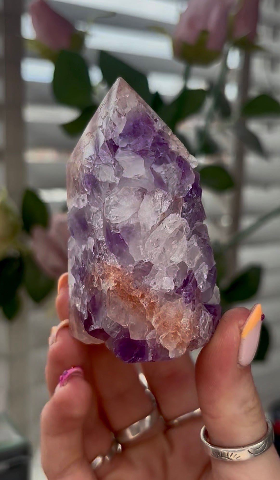 High quality, Pink amethyst tower, with purple quartz druzy