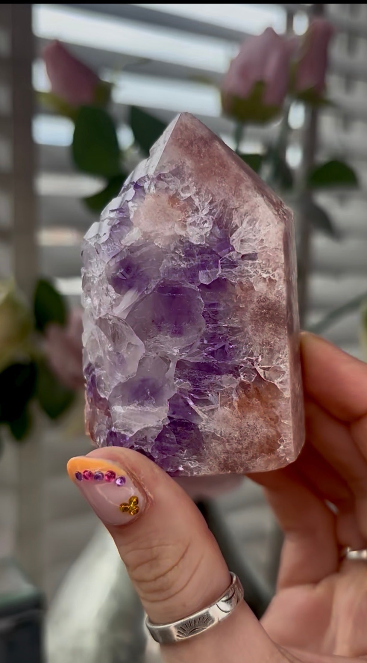 High quality, Pink amethyst tower, with purple quartz druzy