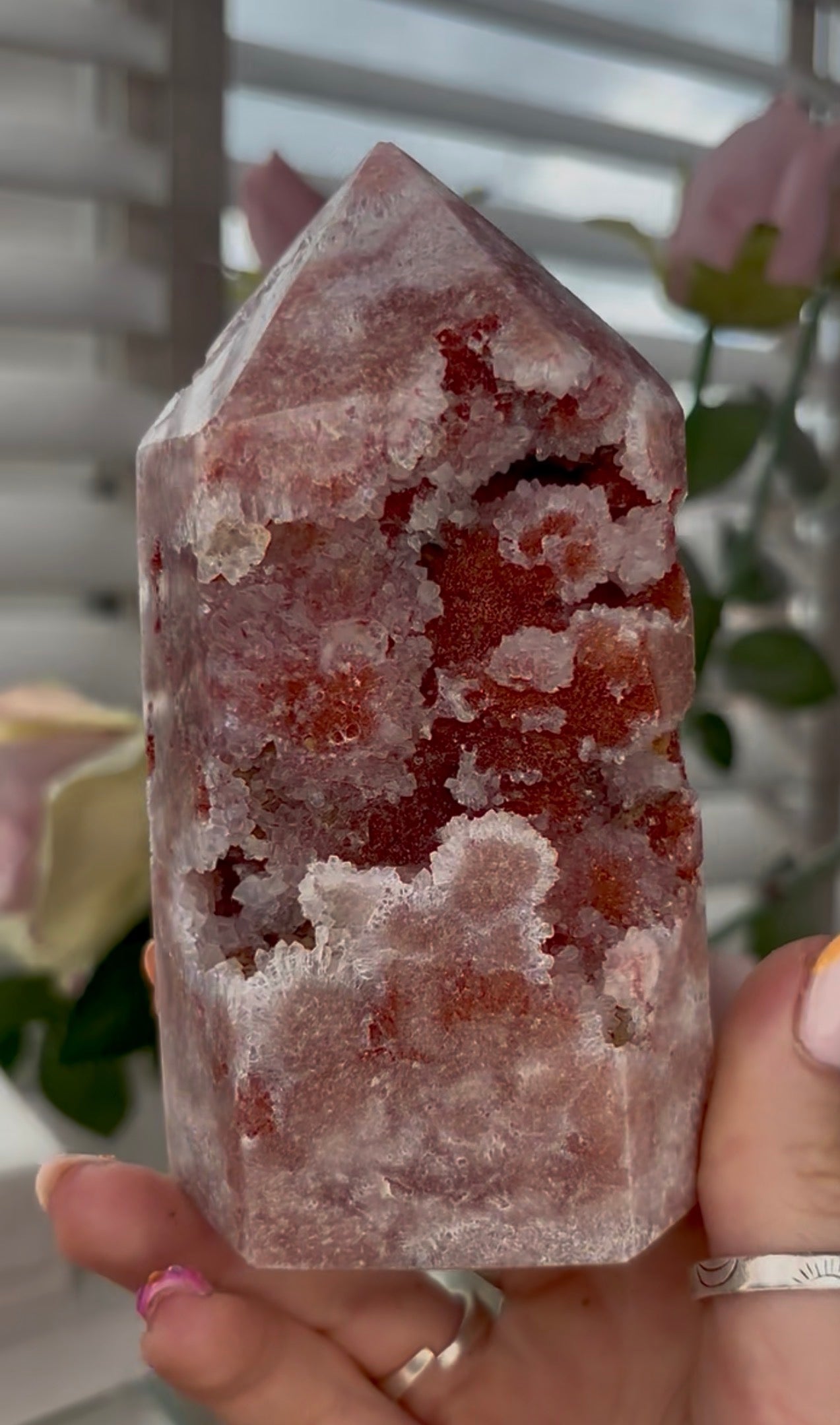 Pretty, high quality, Pink amethyst tower, in a red tone