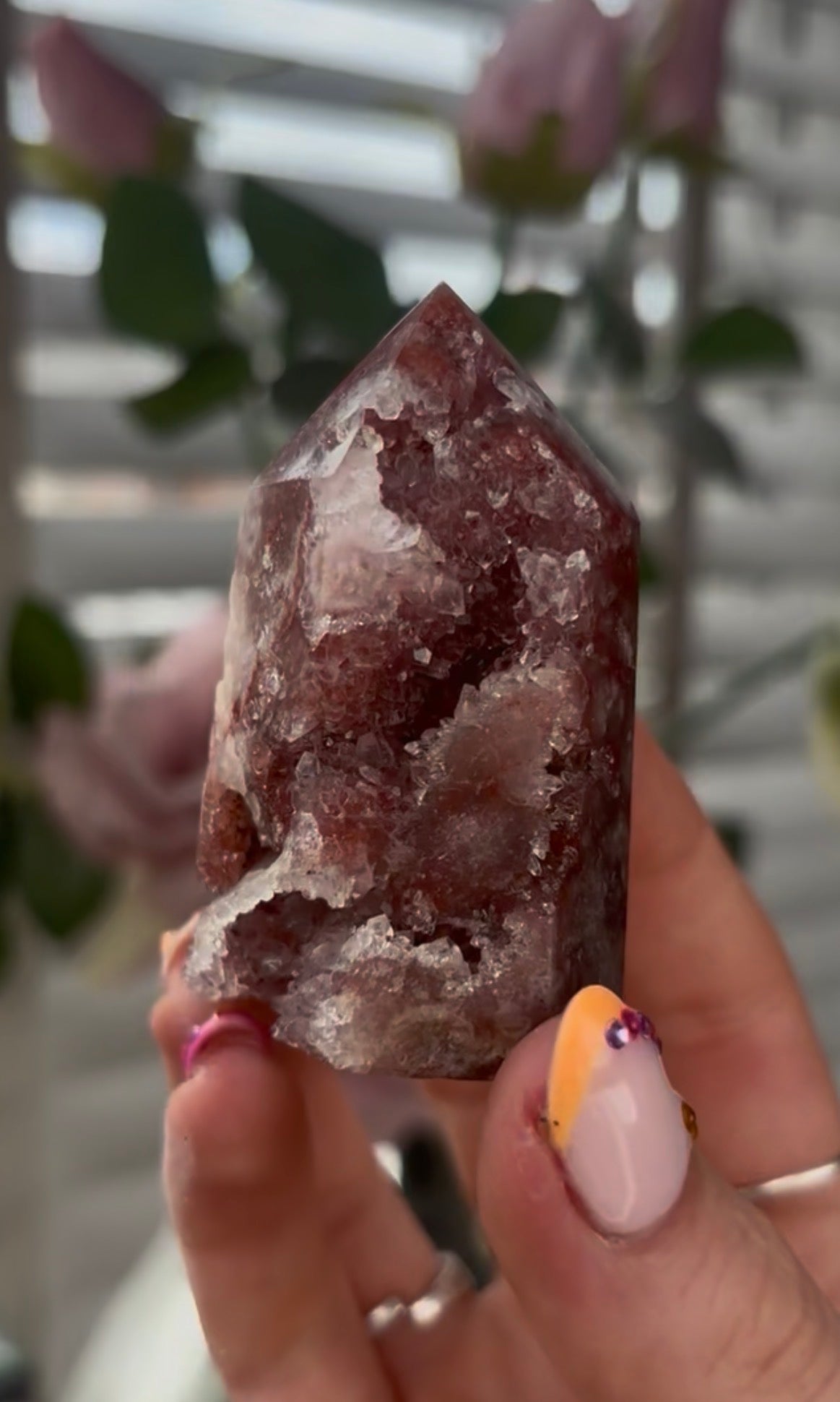 Small, High quality, Pink amethyst tower, with druzy