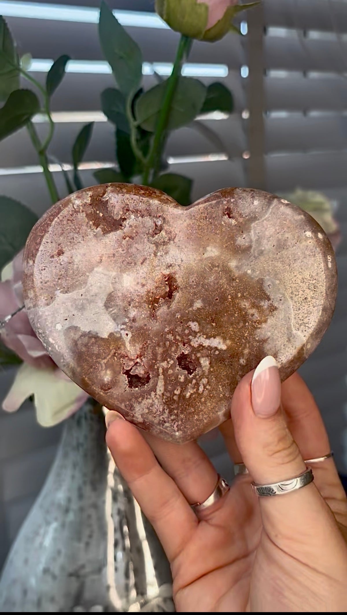 Gorgeous, pink amethyst heart- comes with stand