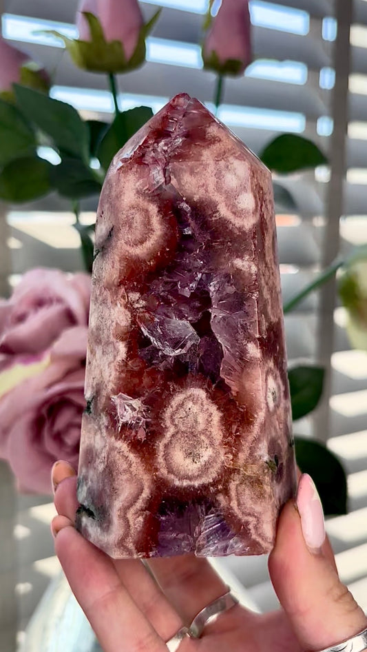 Beautiful, high quality, Pink amethyst tower with red tones & purple quartz 12.8cm
