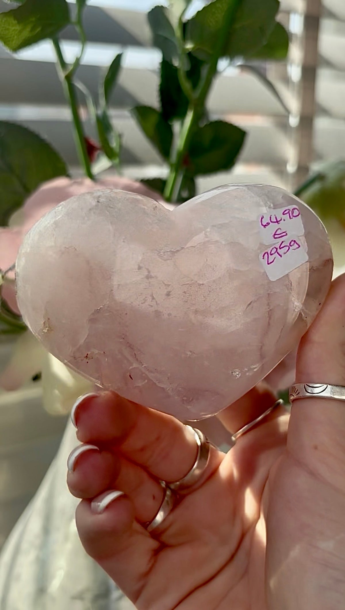 Gorgeous, pink amethyst heart- comes with stand