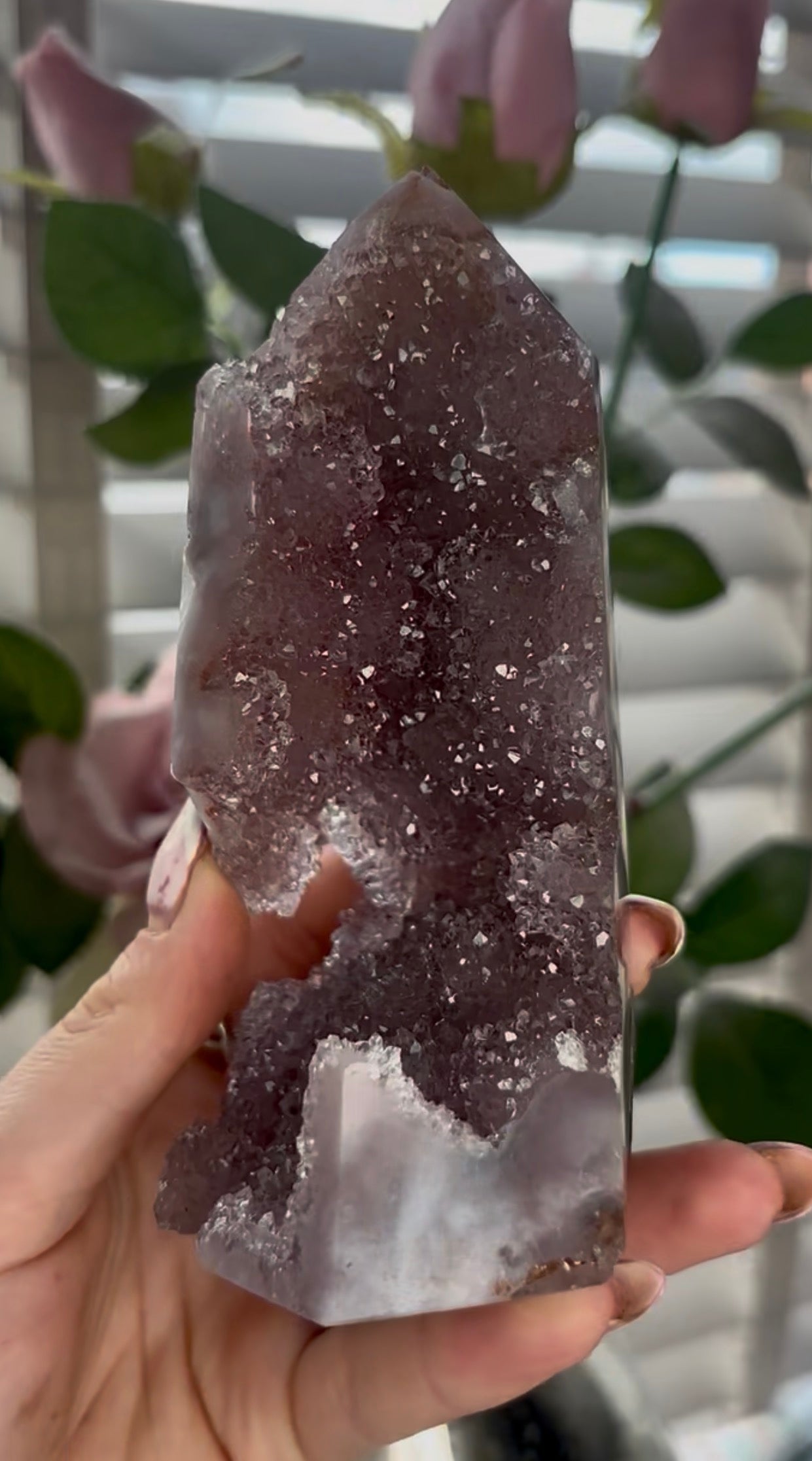 Beautiful, high quality, Pink amethyst tower in lilac tones with sugar druzy