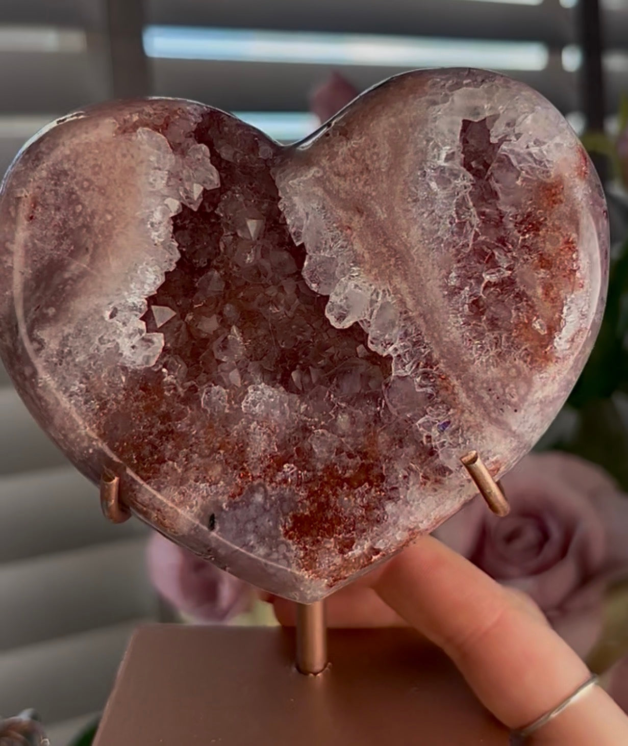 High quality pink amethyst heart - comes with stand