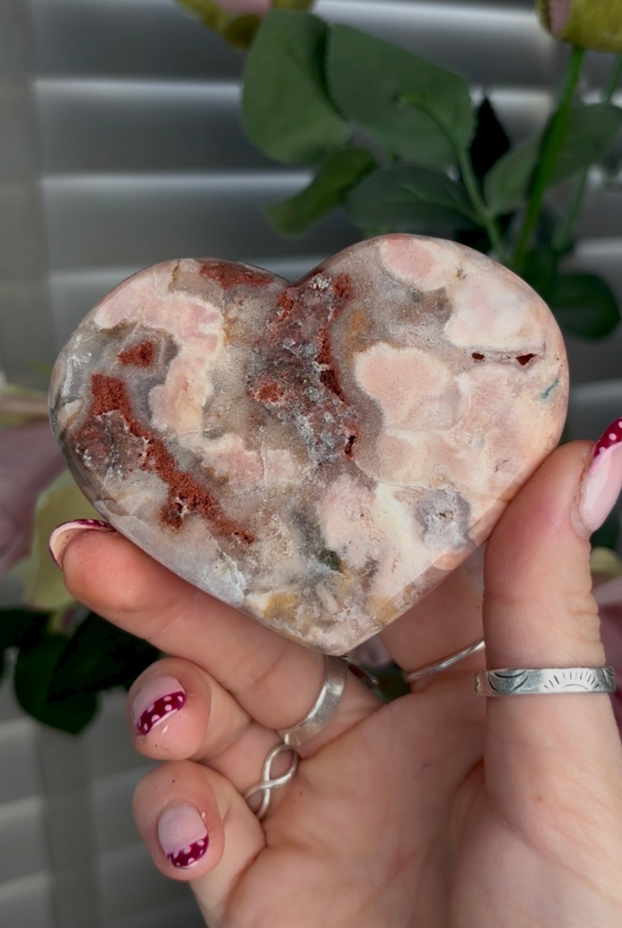 Gorgeous pink amethyst & jasper heart in peach tones  - comes with stand