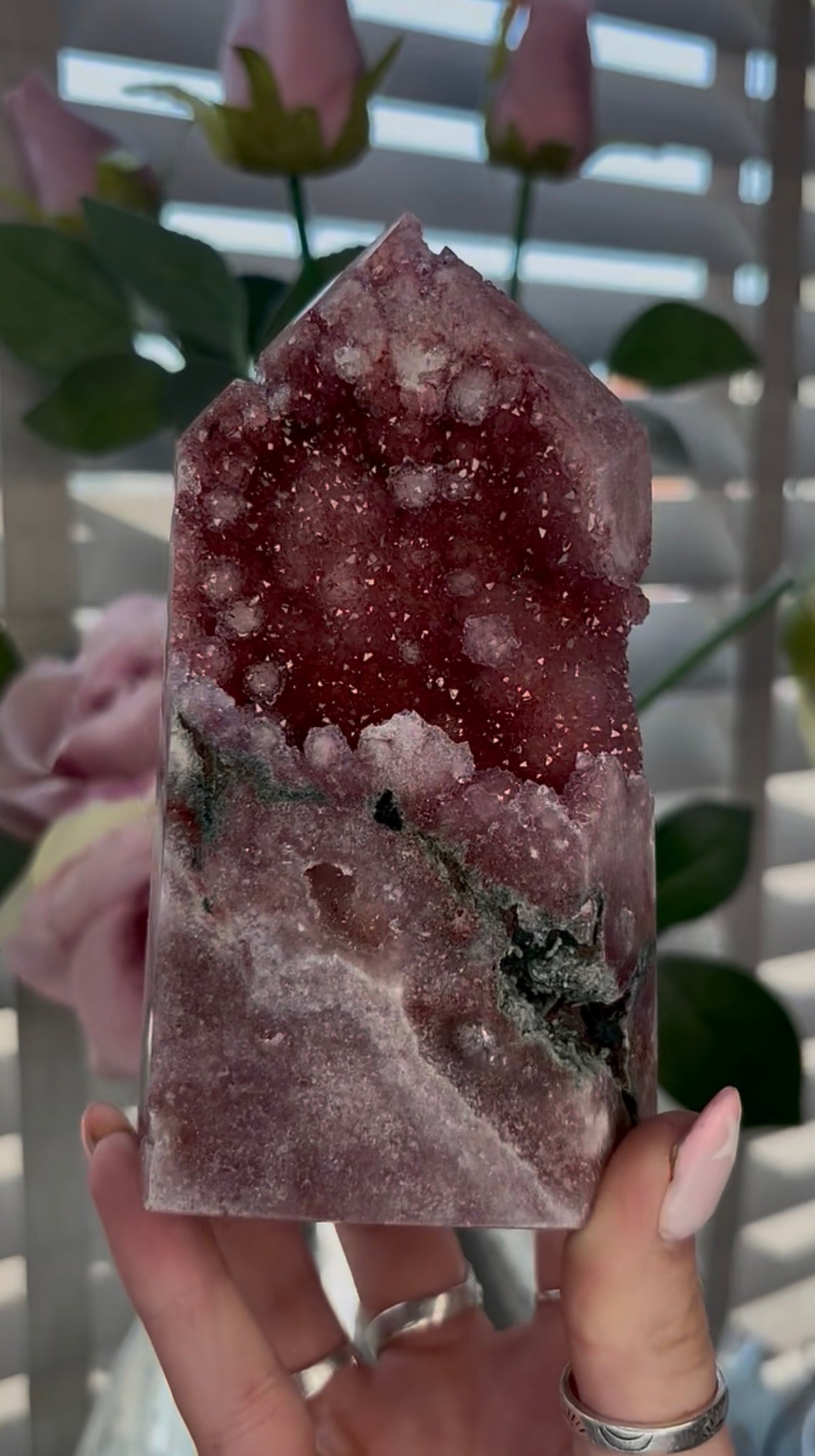 Beautiful, high quality, Pink amethyst tower with deep pink/reddish sugar druzy & Green jasper 13.3cm by 7cm