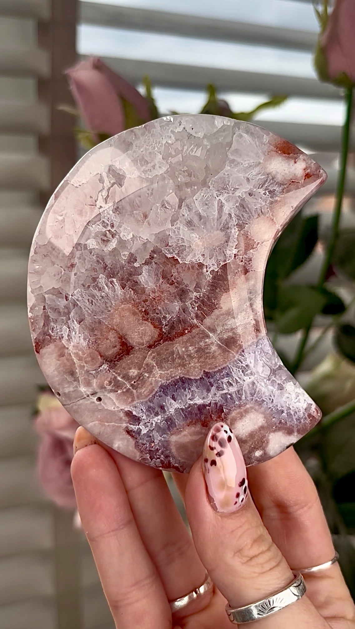 High grade, amethyst Flower agate moon with high clarity quartz