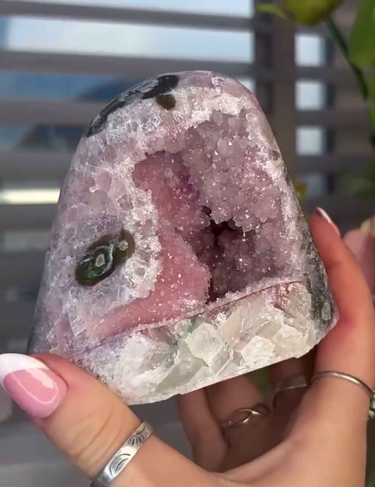 High quality, pink toned, rainbow amethyst on a calcite cutbase with stalactite eye